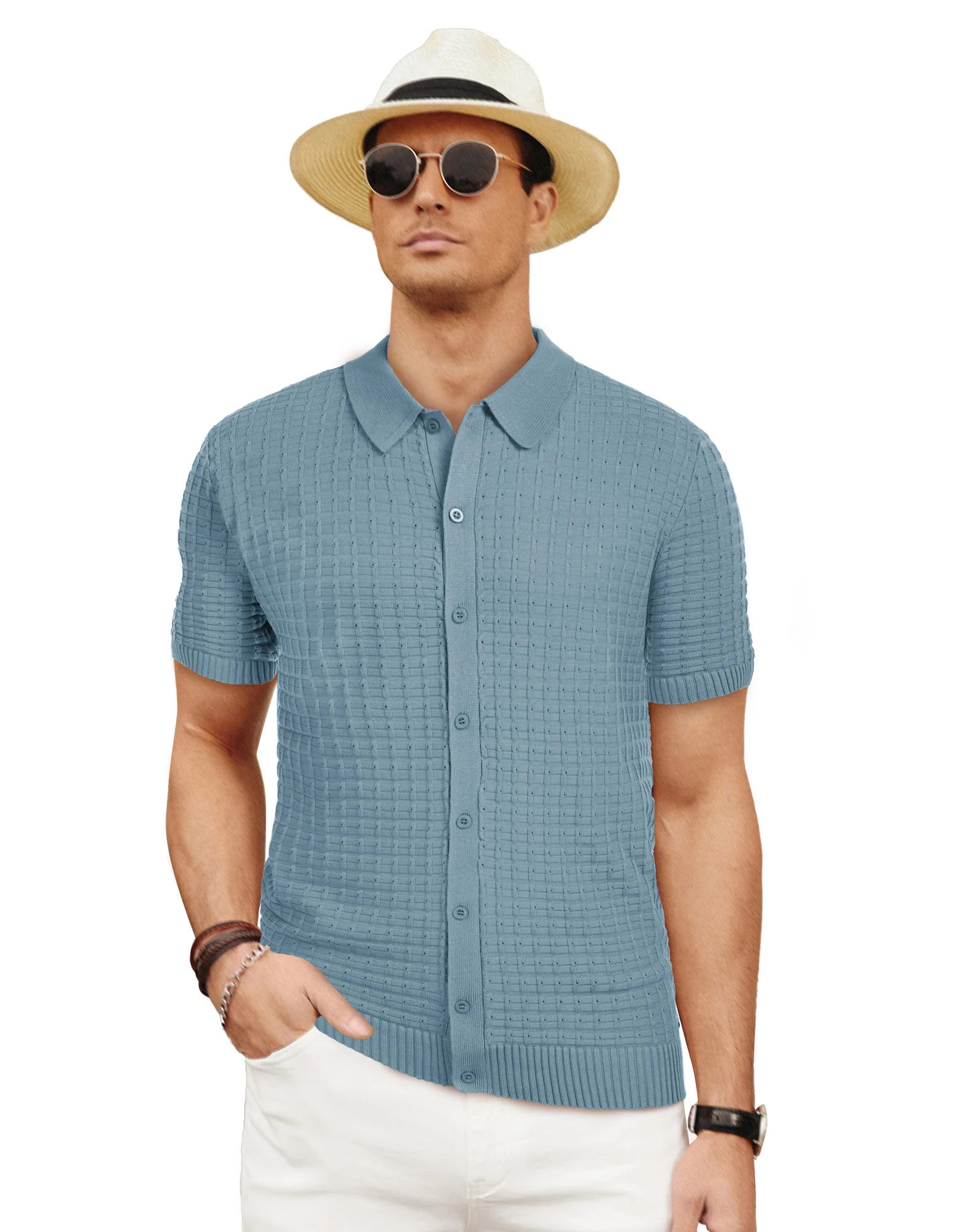 Mens Breathable Knitting Polo Shirts Textured Short Sleeve Golf Polo Cardigan Shirts - Image 25
