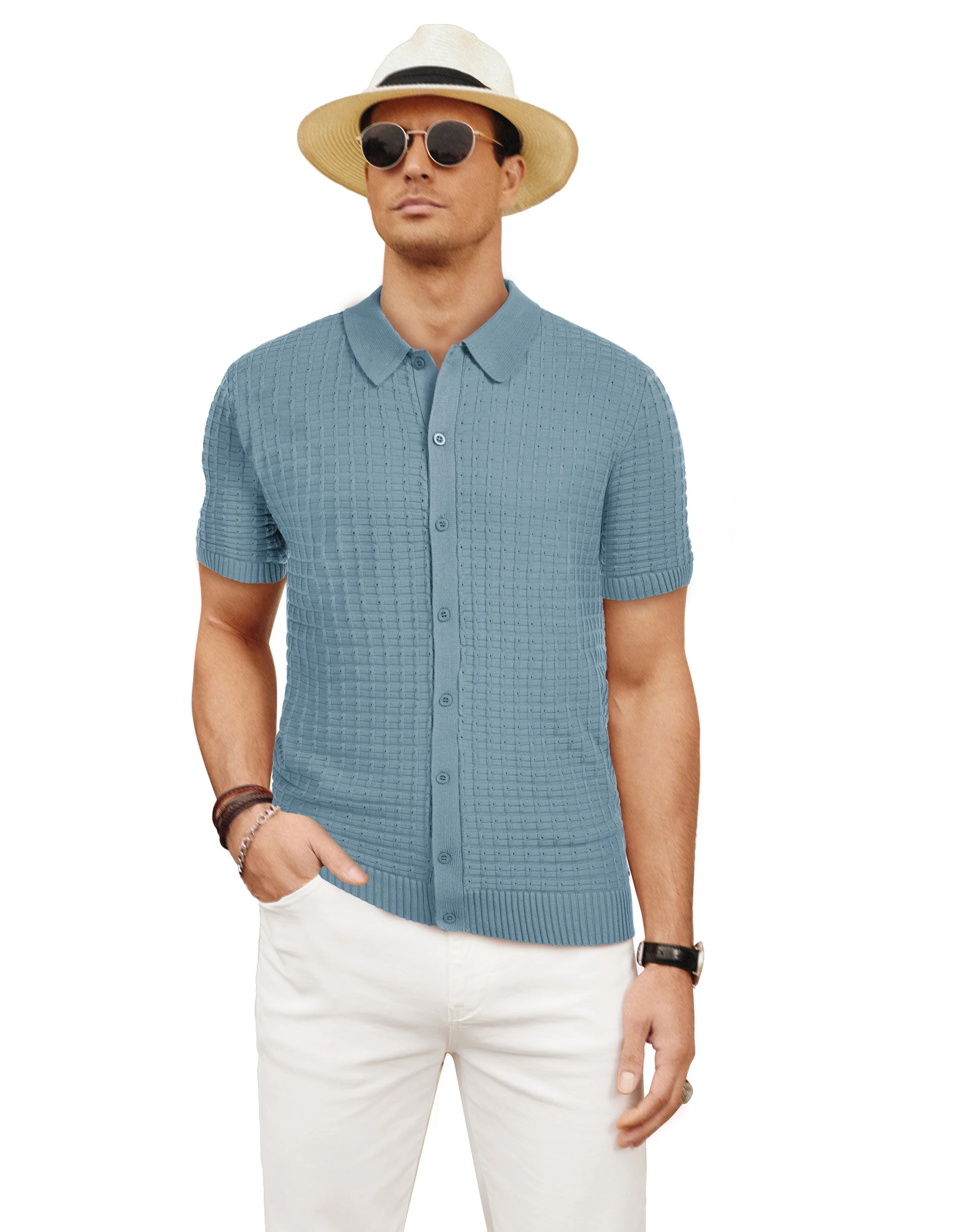 Mens Breathable Knitting Polo Shirts Textured Short Sleeve Golf Polo Cardigan Shirts - Image 26