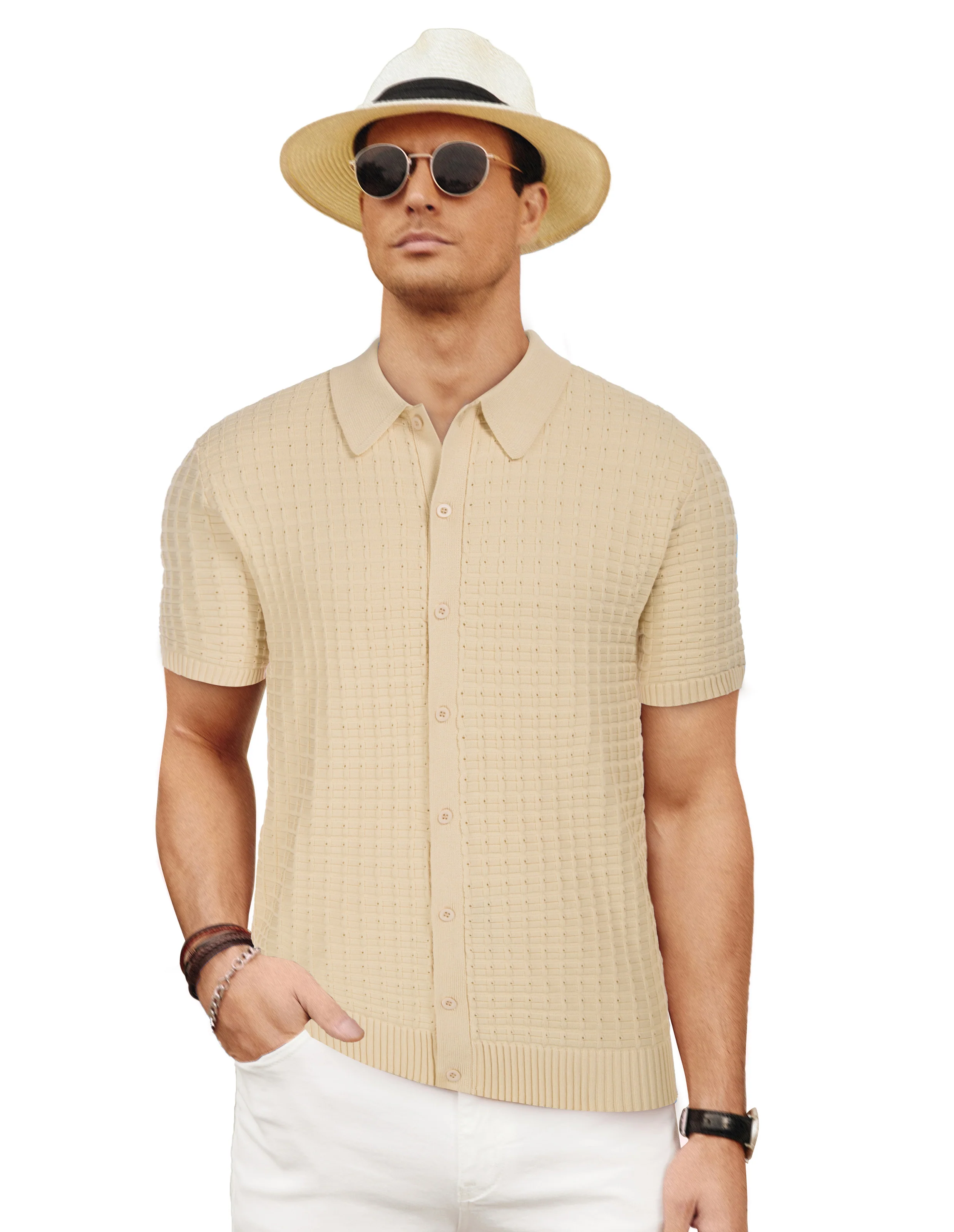 Mens Breathable Knitting Polo Shirts Textured Short Sleeve Golf Polo Cardigan Shirts - Image 28