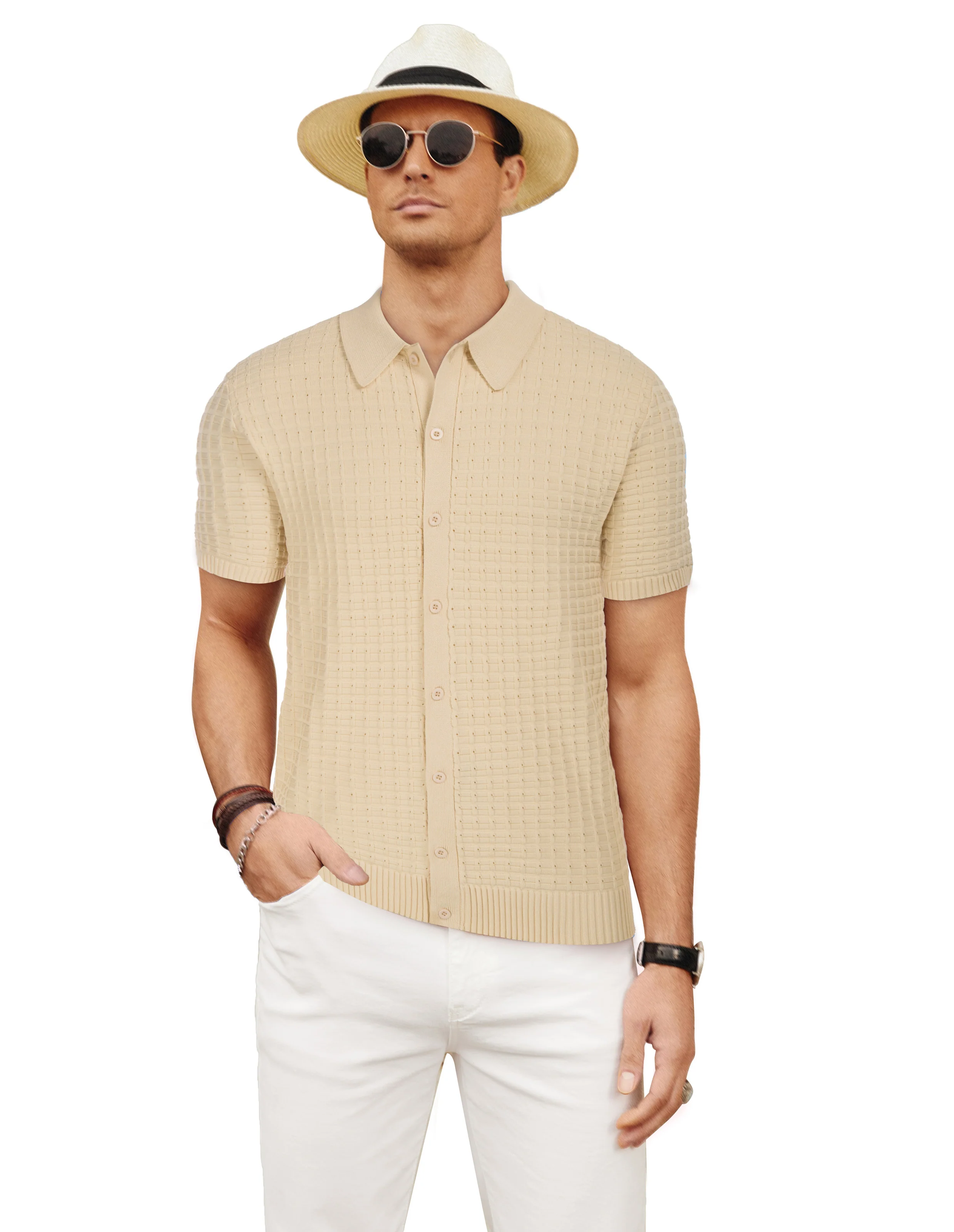 Mens Breathable Knitting Polo Shirts Textured Short Sleeve Golf Polo Cardigan Shirts - Image 29