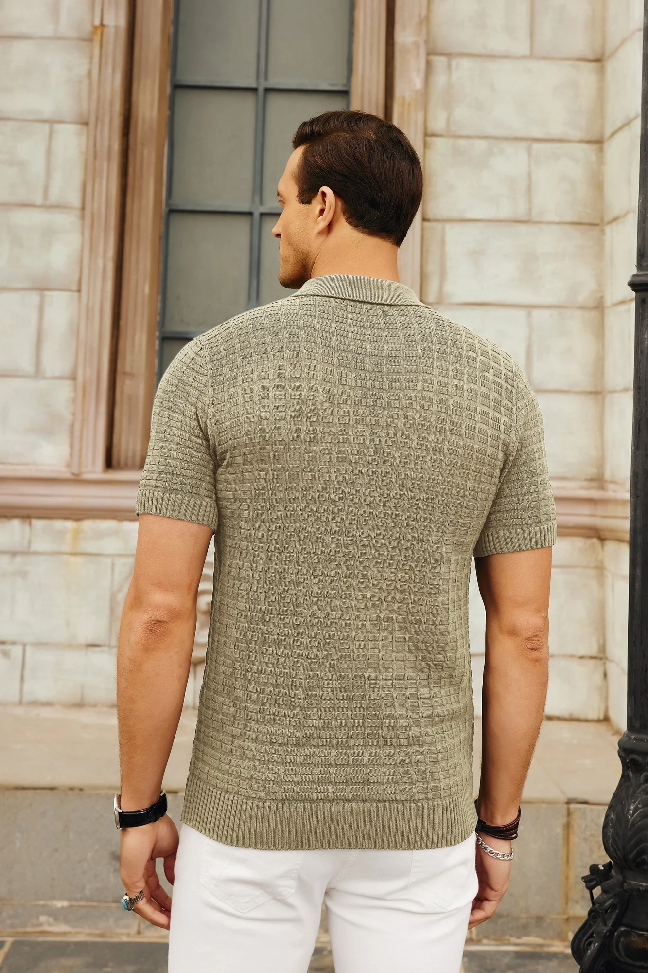 Mens Breathable Knitting Polo Shirts Textured Short Sleeve Golf Polo Cardigan Shirts - Image 34