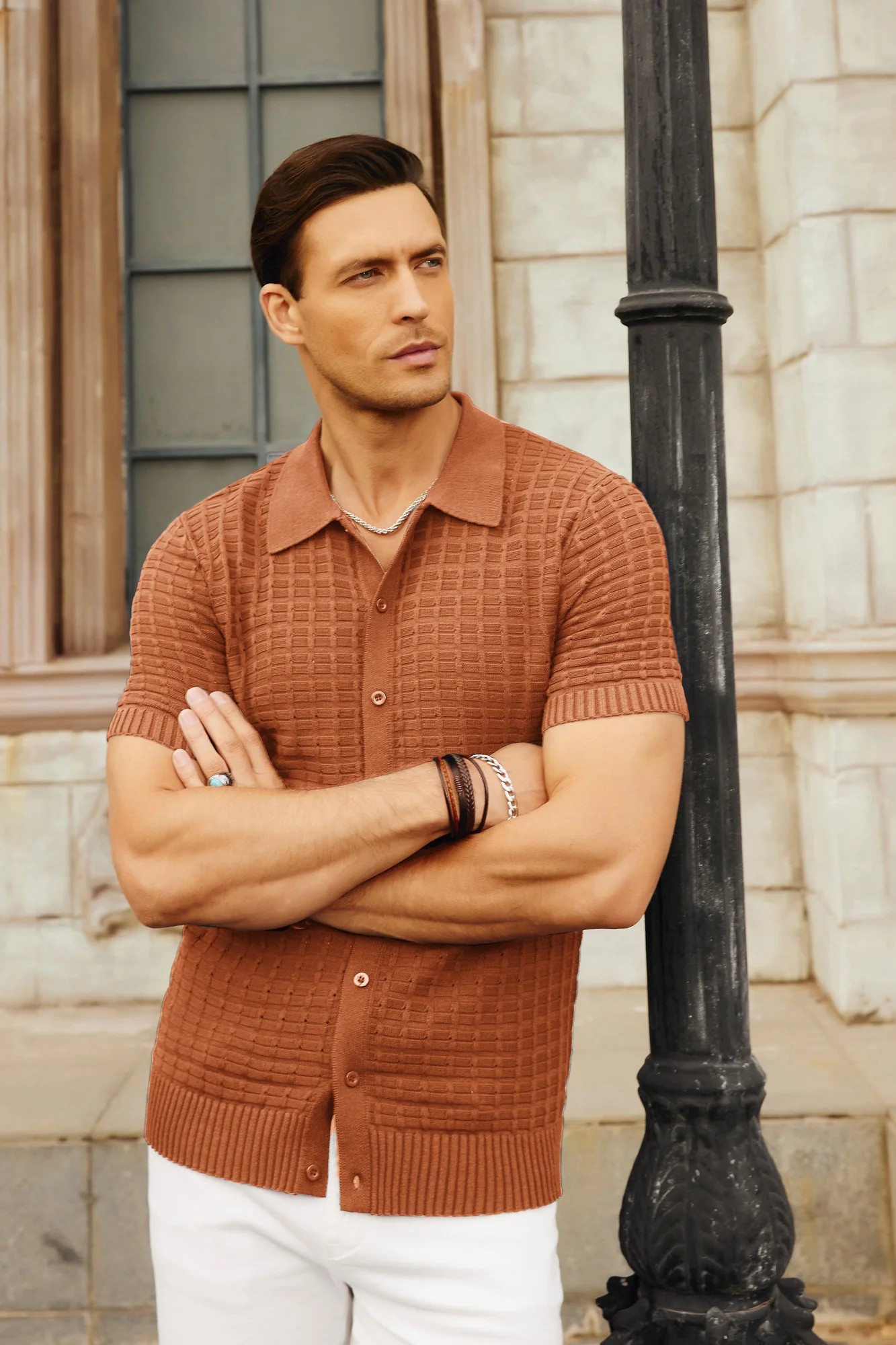 Mens Breathable Knitting Polo Shirts Textured Short Sleeve Golf Polo Cardigan Shirts - Image 37