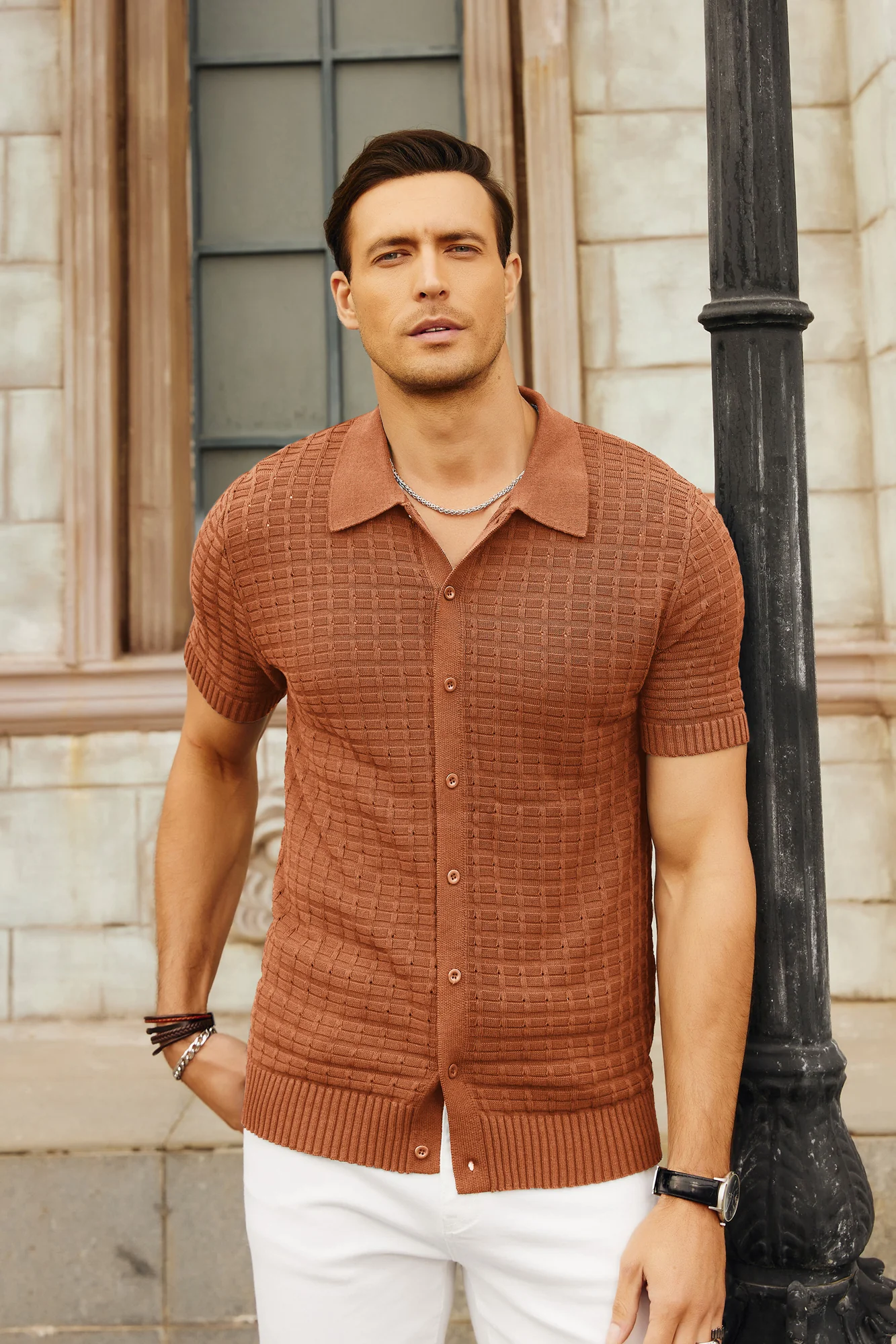 Mens Breathable Knitting Polo Shirts Textured Short Sleeve Golf Polo Cardigan Shirts - Image 38