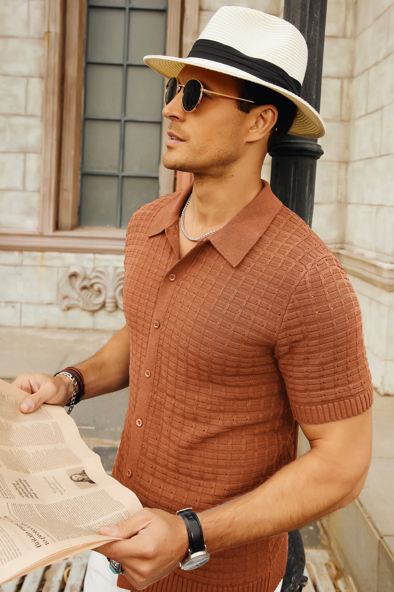 Mens Breathable Knitting Polo Shirts Textured Short Sleeve Golf Polo Cardigan Shirts - Image 39