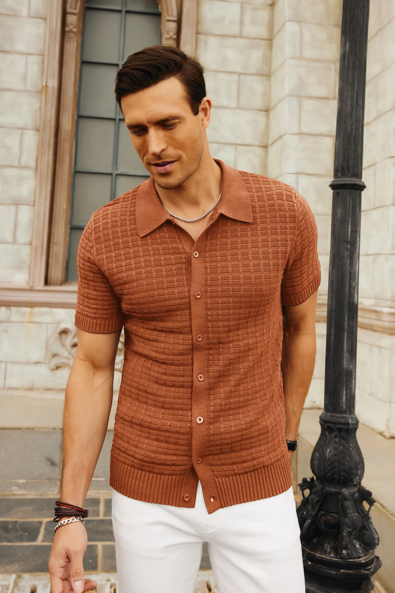 Mens Breathable Knitting Polo Shirts Textured Short Sleeve Golf Polo Cardigan Shirts - Image 40