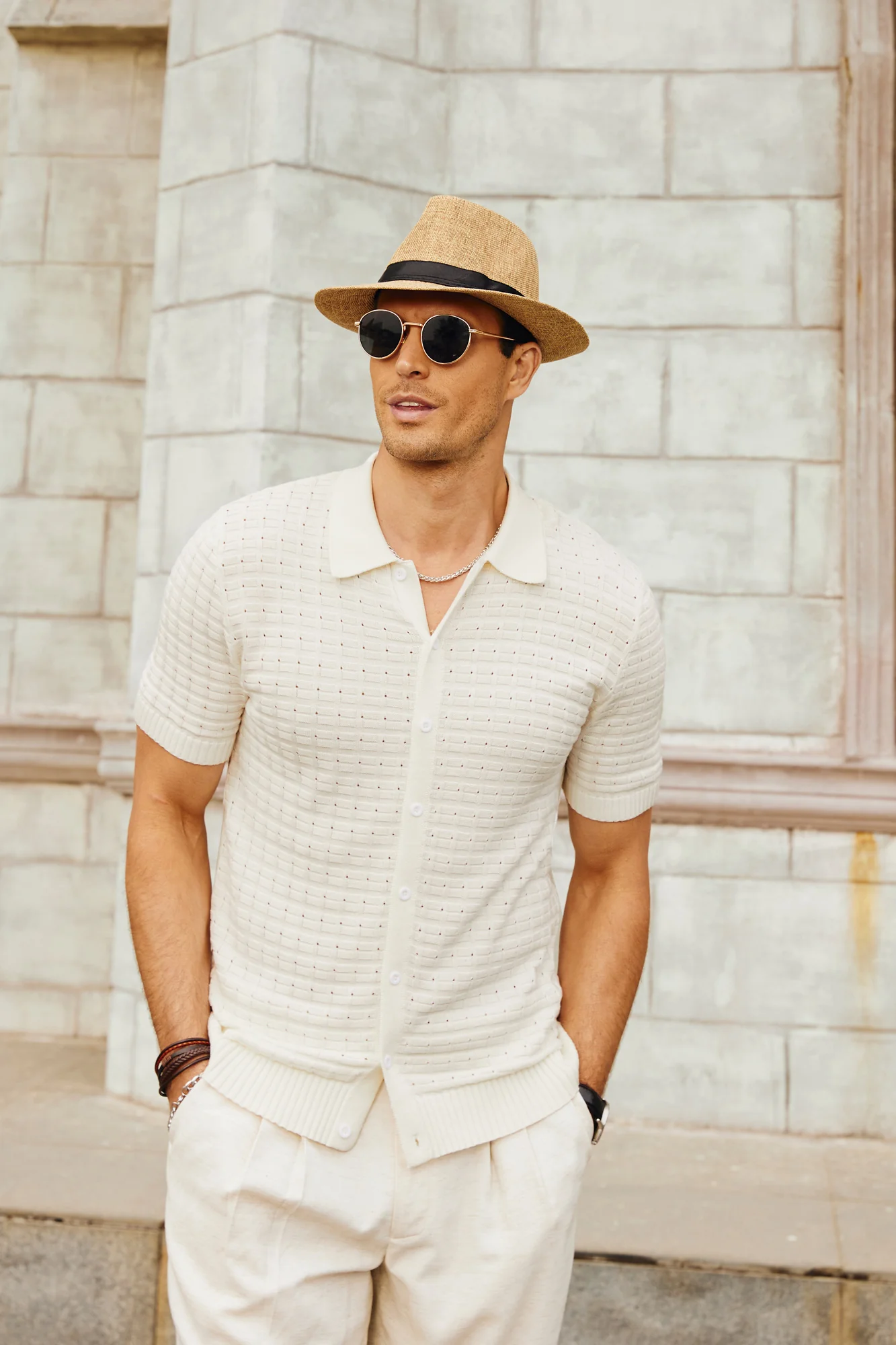 Mens Breathable Knitting Polo Shirts Textured Short Sleeve Golf Polo Cardigan Shirts - Image 5