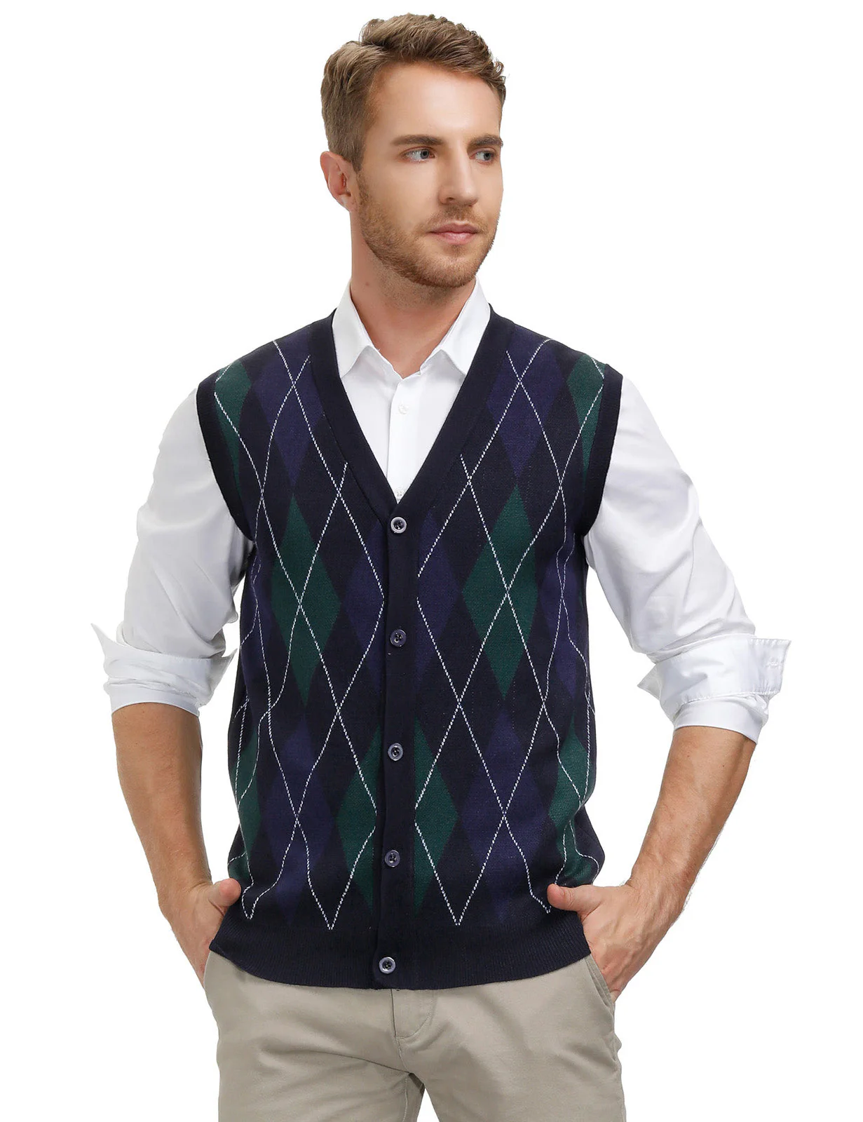 Pj Paul Jones Men Sleeveless Sweater Vest Contrast Color Diamond Pattern Button Placket - Image 10