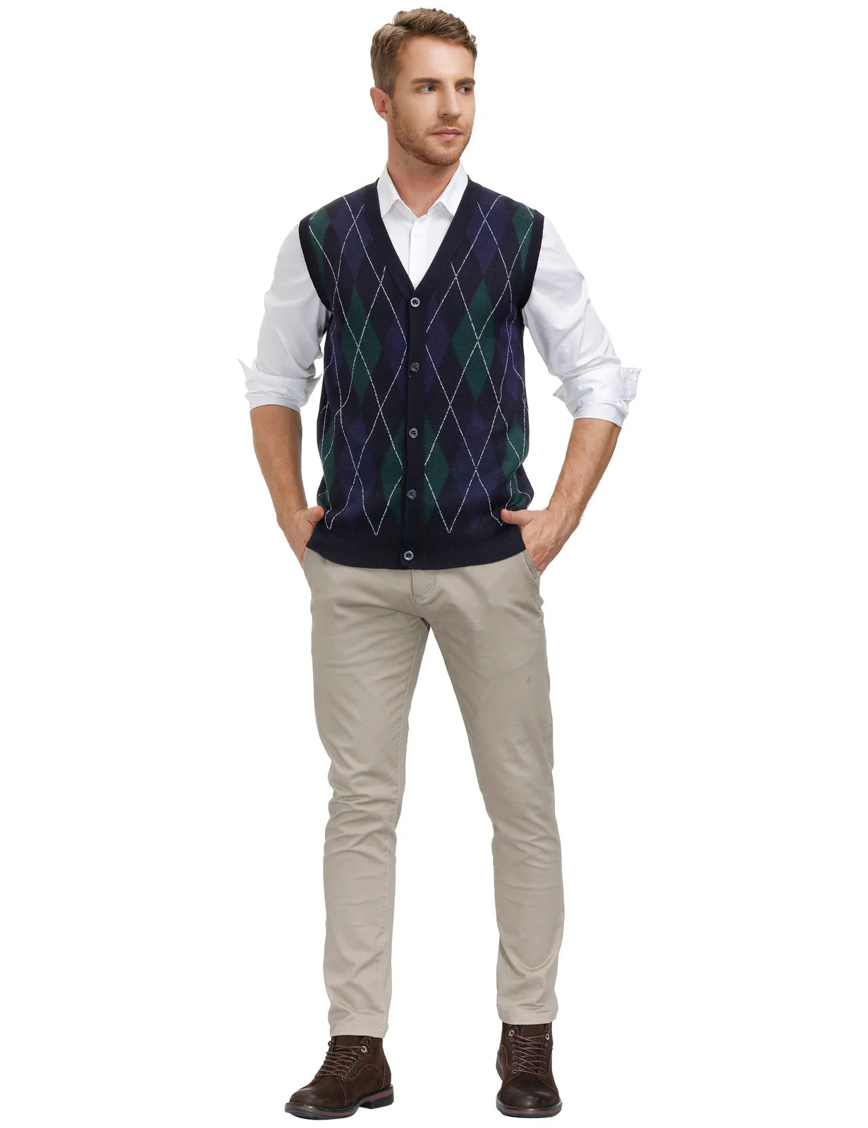 Pj Paul Jones Men Sleeveless Sweater Vest Contrast Color Diamond Pattern Button Placket - Image 11