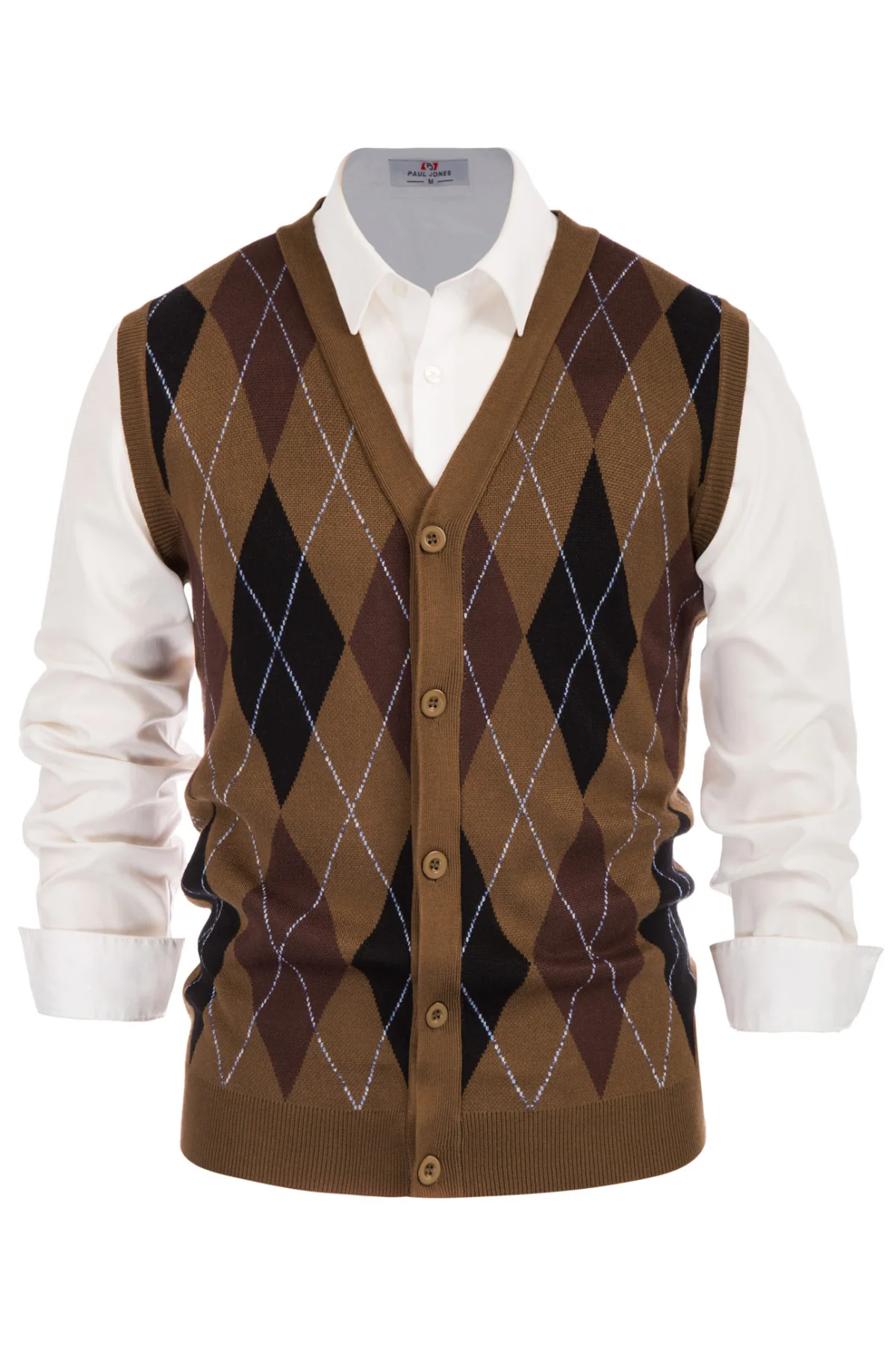 Pj Paul Jones Men Sleeveless Sweater Vest Contrast Color Diamond Pattern Button Placket - Image 12