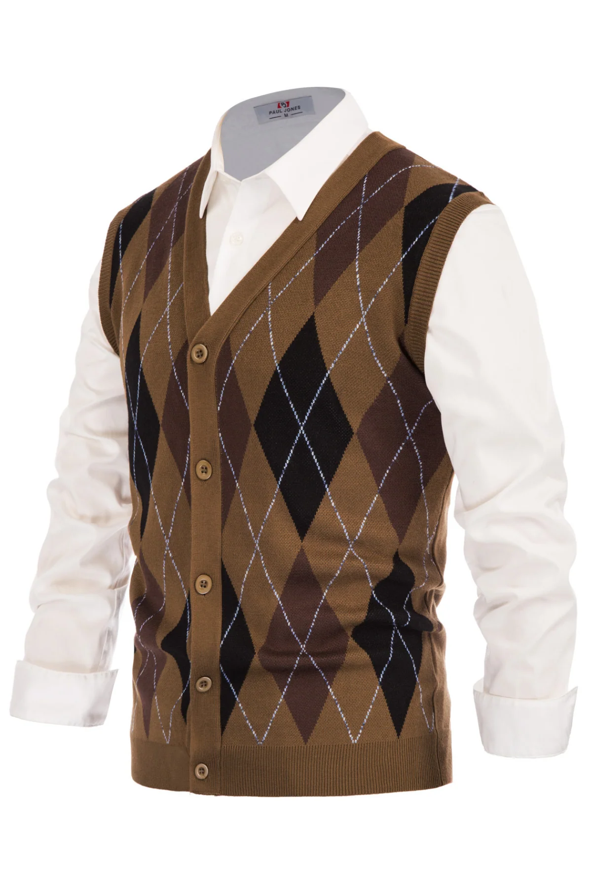 Pj Paul Jones Men Sleeveless Sweater Vest Contrast Color Diamond Pattern Button Placket - Image 13