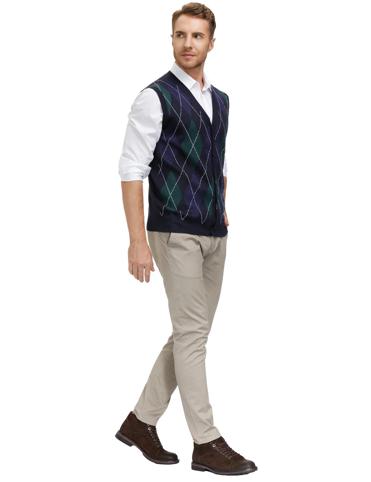 Pj Paul Jones Men Sleeveless Sweater Vest Contrast Color Diamond Pattern Button Placket - Image 14