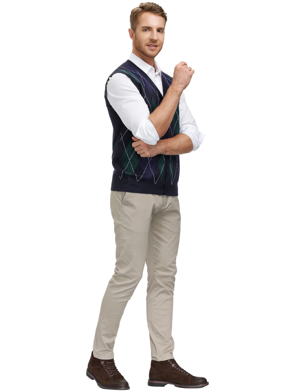 Pj Paul Jones Men Sleeveless Sweater Vest Contrast Color Diamond Pattern Button Placket - Image 15