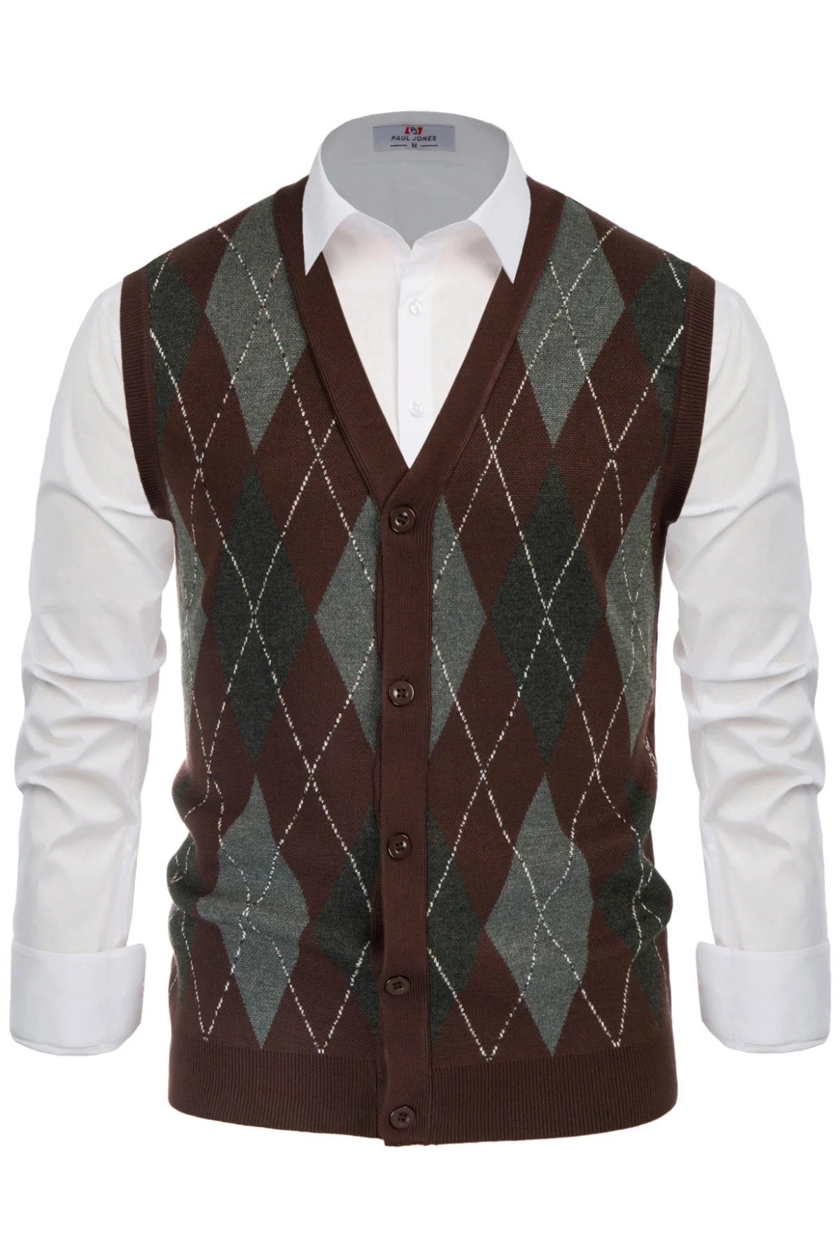 Pj Paul Jones Men Sleeveless Sweater Vest Contrast Color Diamond Pattern Button Placket - Image 16