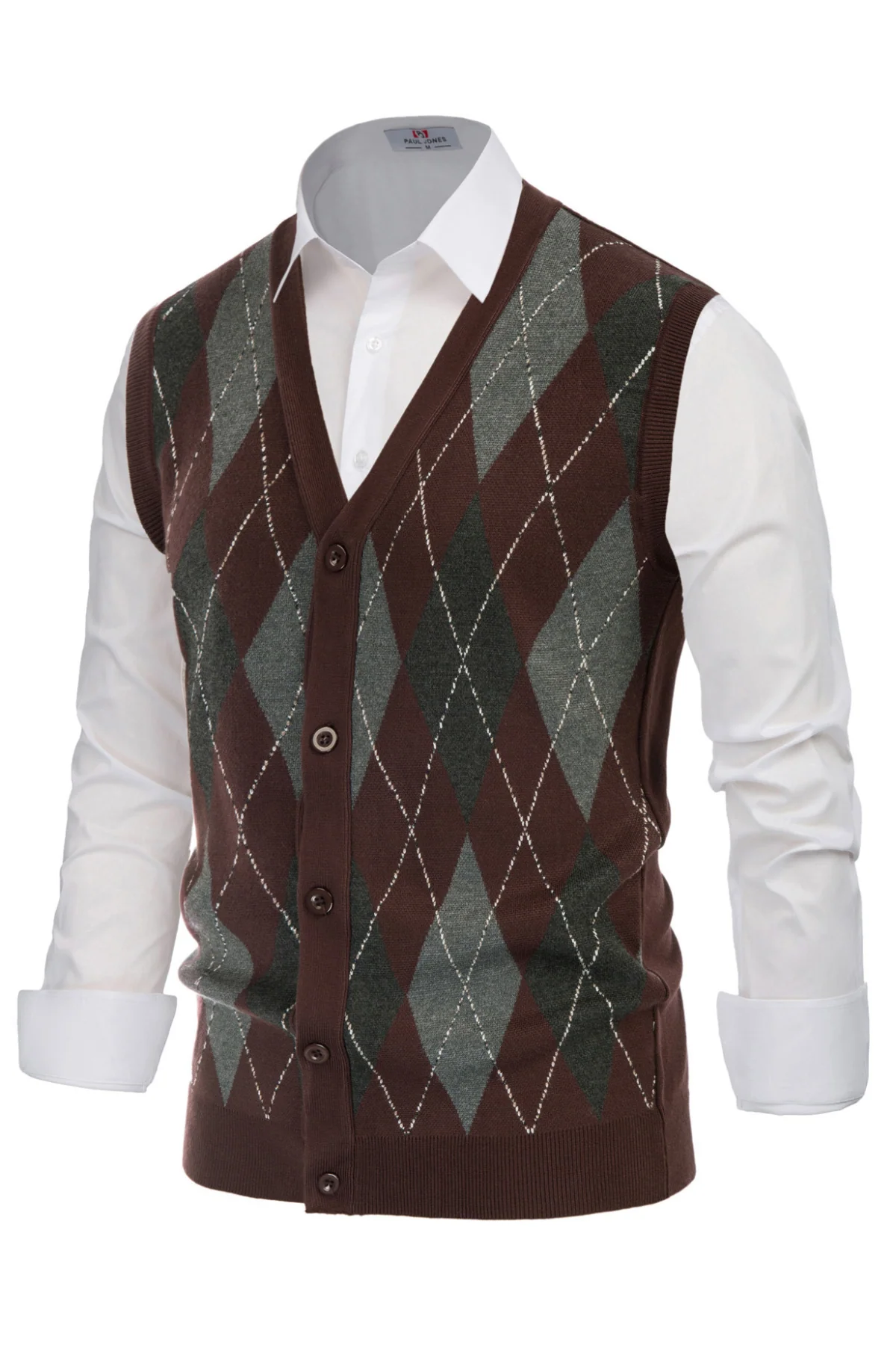 Pj Paul Jones Men Sleeveless Sweater Vest Contrast Color Diamond Pattern Button Placket - Image 17