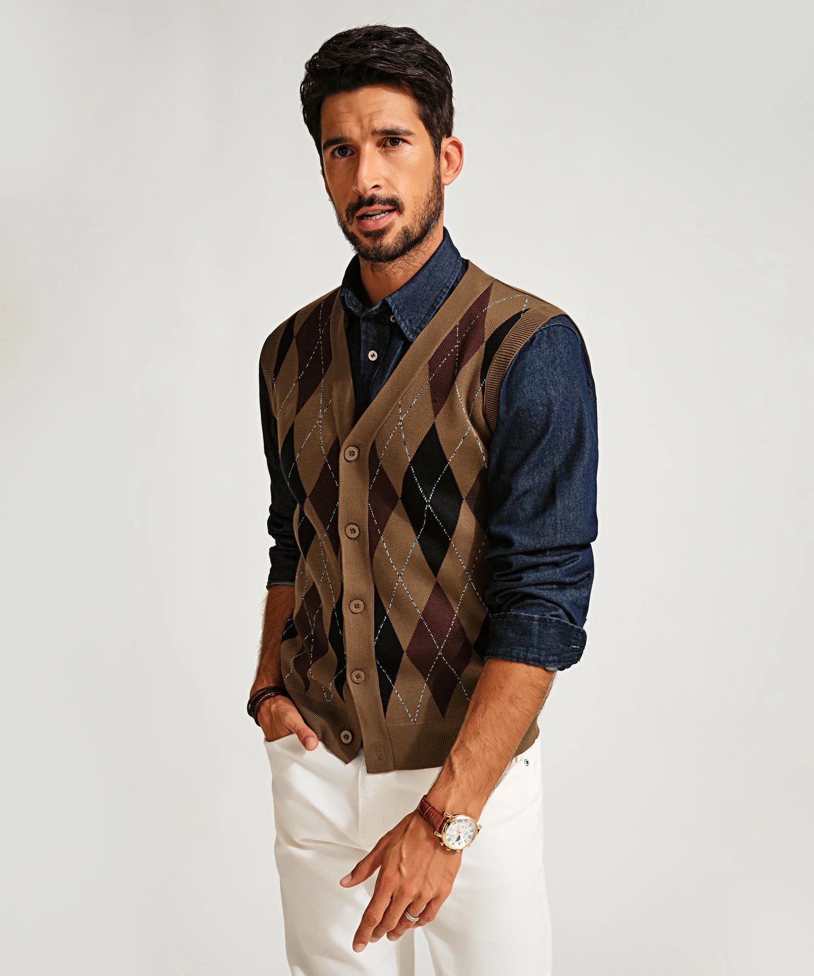 Pj Paul Jones Men Sleeveless Sweater Vest Contrast Color Diamond Pattern Button Placket - Image 19