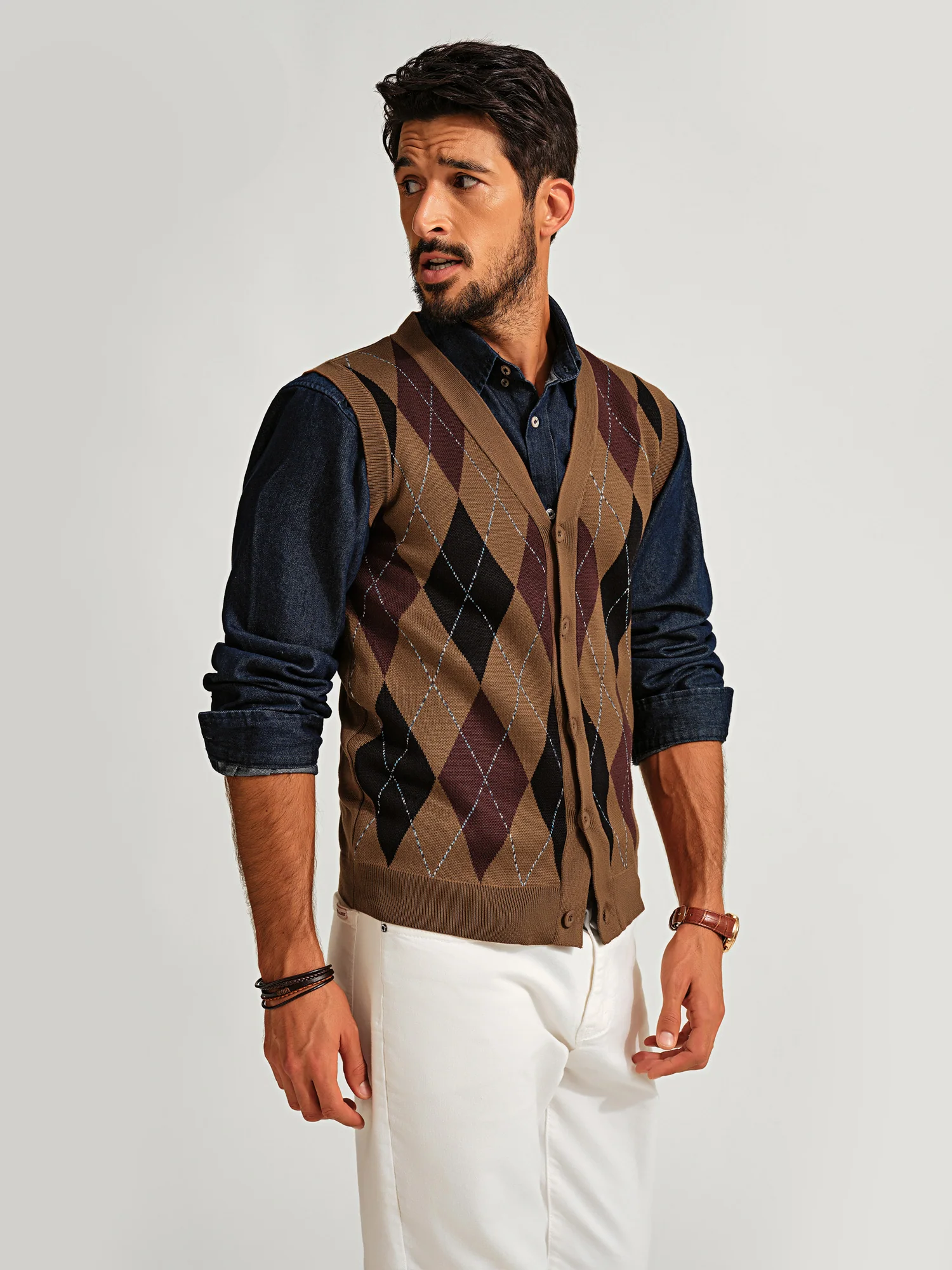 Pj Paul Jones Men Sleeveless Sweater Vest Contrast Color Diamond Pattern Button Placket - Image 20