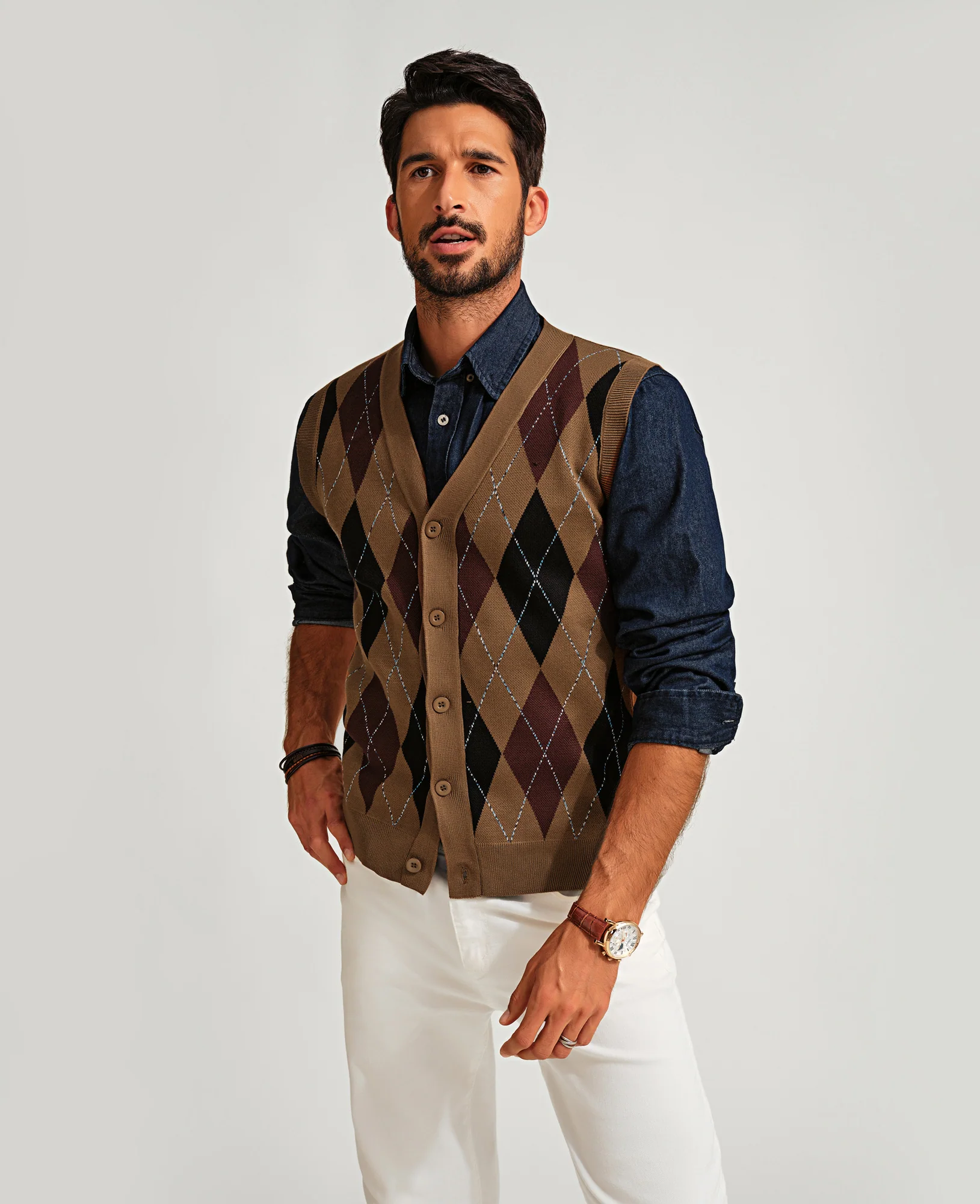 Pj Paul Jones Men Sleeveless Sweater Vest Contrast Color Diamond Pattern Button Placket - Image 21
