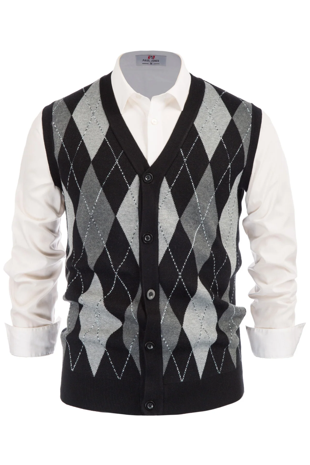 Pj Paul Jones Men Sleeveless Sweater Vest Contrast Color Diamond Pattern Button Placket - Image 22