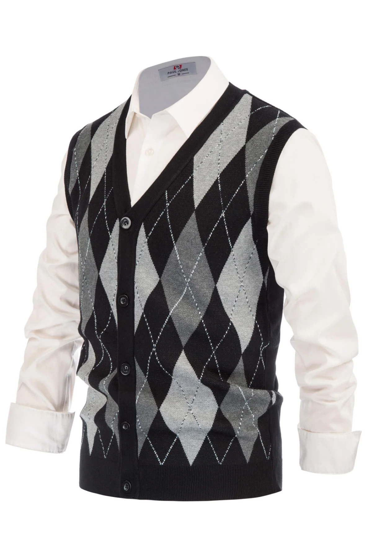 Pj Paul Jones Men Sleeveless Sweater Vest Contrast Color Diamond Pattern Button Placket - Image 23