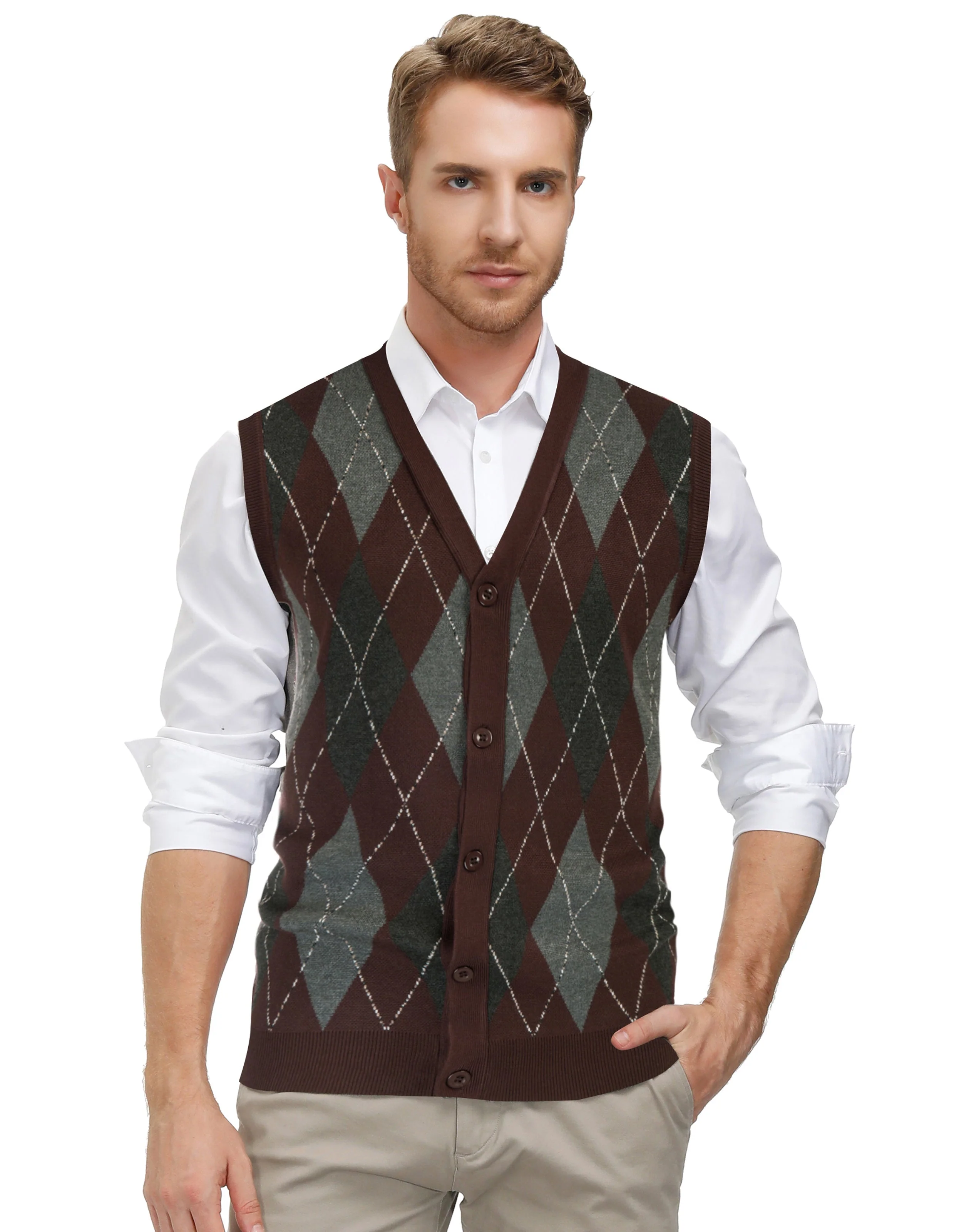 Pj Paul Jones Men Sleeveless Sweater Vest Contrast Color Diamond Pattern Button Placket - Image 26