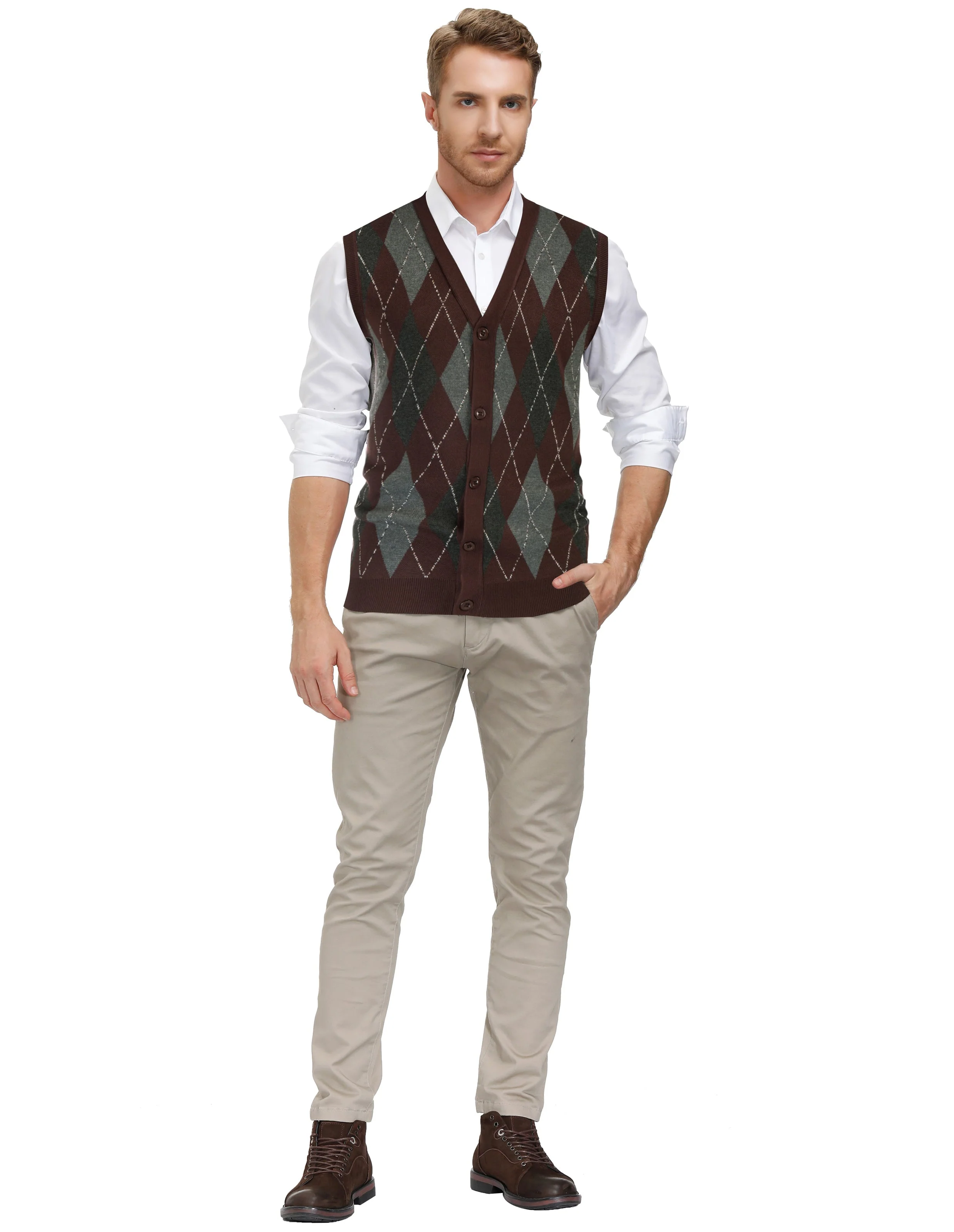 Pj Paul Jones Men Sleeveless Sweater Vest Contrast Color Diamond Pattern Button Placket - Image 27