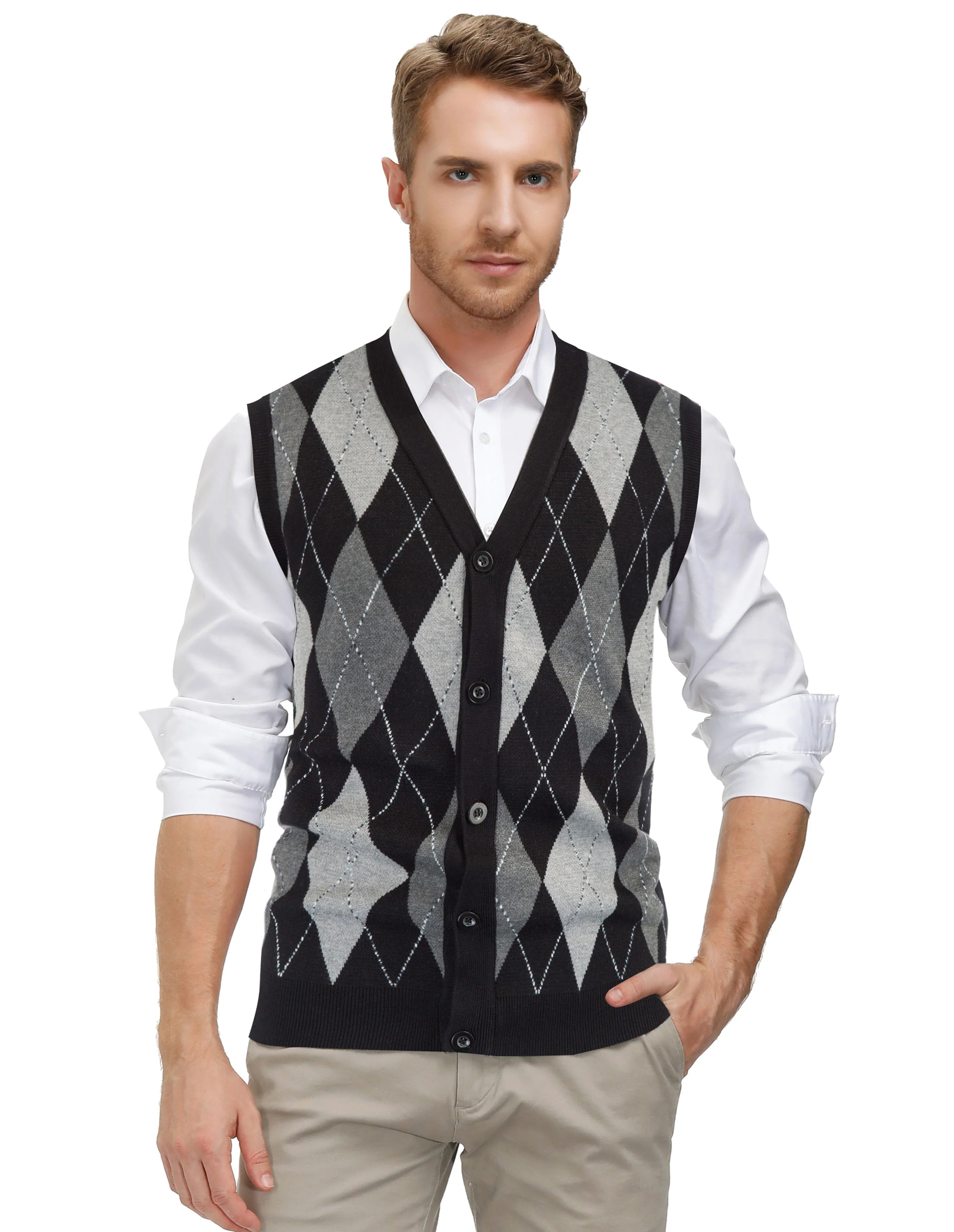 Pj Paul Jones Men Sleeveless Sweater Vest Contrast Color Diamond Pattern Button Placket - Image 29