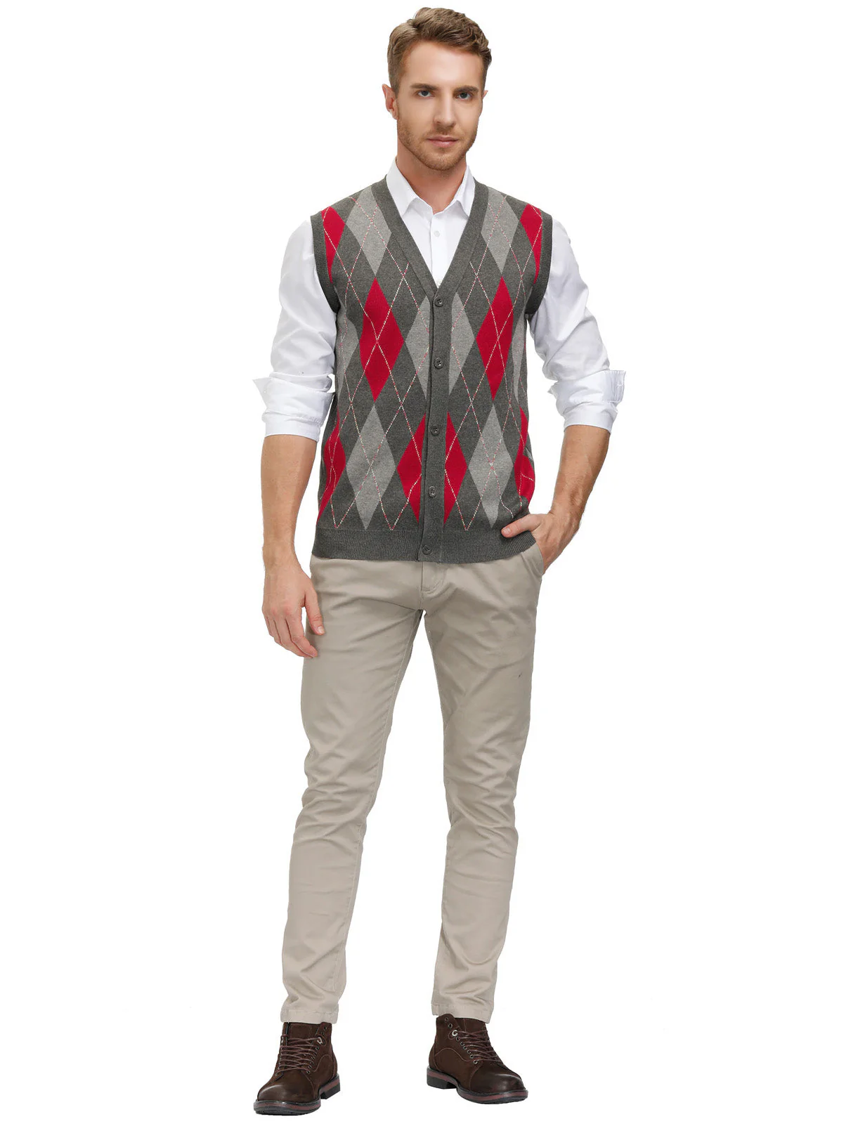Pj Paul Jones Men Sleeveless Sweater Vest Contrast Color Diamond Pattern Button Placket - Image 3