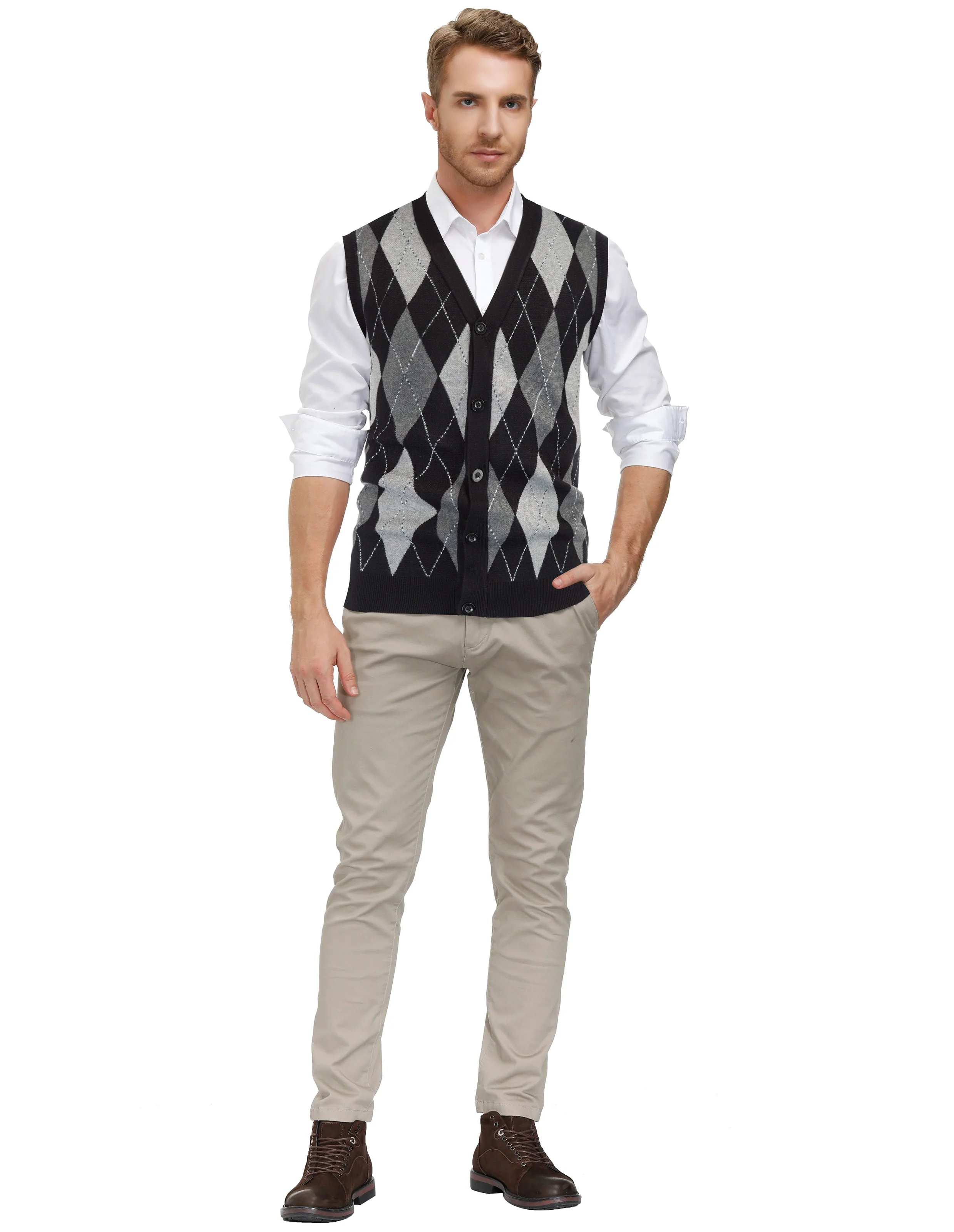 Pj Paul Jones Men Sleeveless Sweater Vest Contrast Color Diamond Pattern Button Placket - Image 30