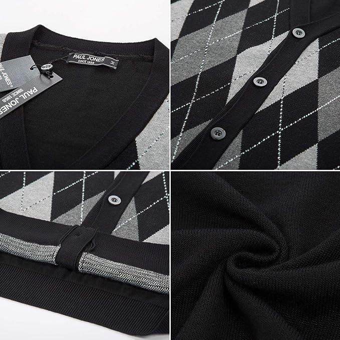 Pj Paul Jones Men Sleeveless Sweater Vest Contrast Color Diamond Pattern Button Placket - Image 32