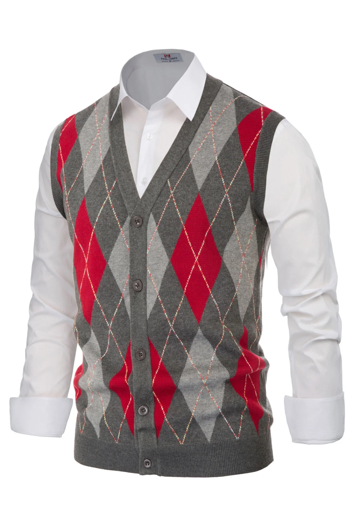 Pj Paul Jones Men Sleeveless Sweater Vest Contrast Color Diamond Pattern Button Placket - Image 4