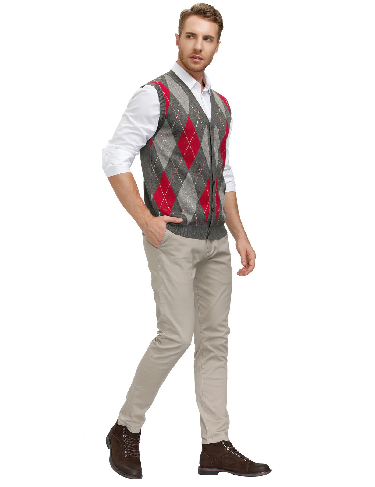 Pj Paul Jones Men Sleeveless Sweater Vest Contrast Color Diamond Pattern Button Placket - Image 6