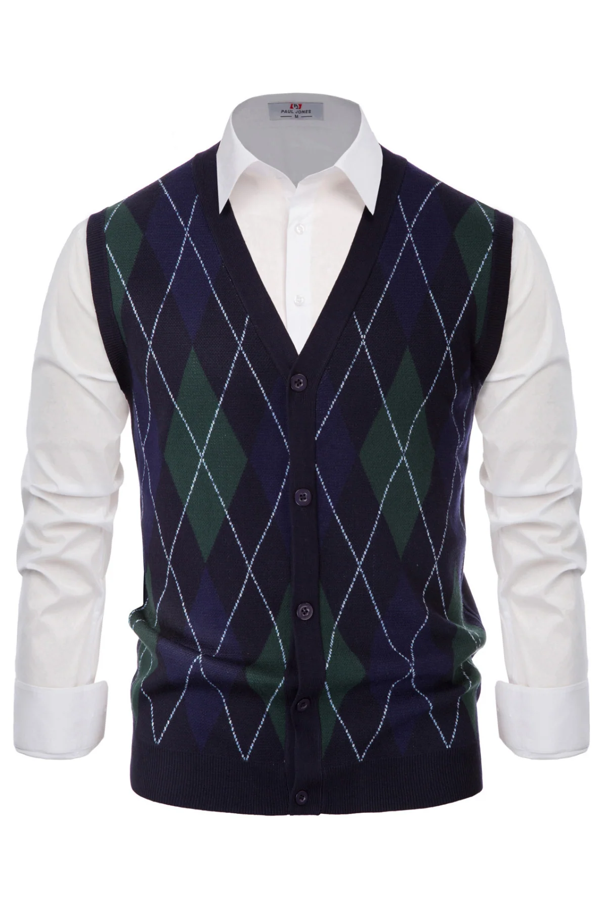 Pj Paul Jones Men Sleeveless Sweater Vest Contrast Color Diamond Pattern Button Placket - Image 7