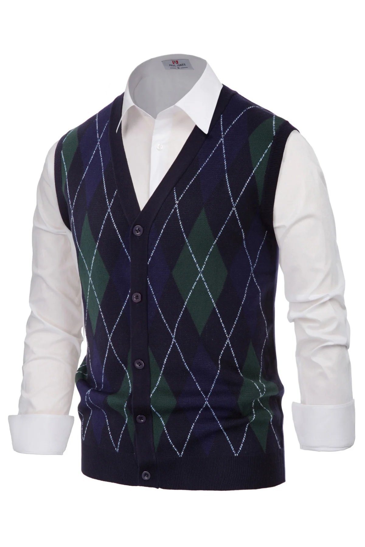 Pj Paul Jones Men Sleeveless Sweater Vest Contrast Color Diamond Pattern Button Placket - Image 8