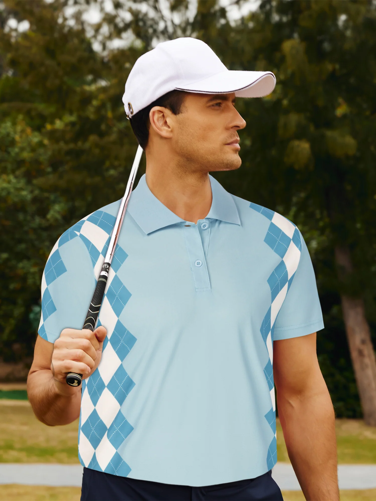 Men Argyle Polo Shirt Moisture Wicking Contrast Tennis Golf Pullover Shirts for Summer - Image 21