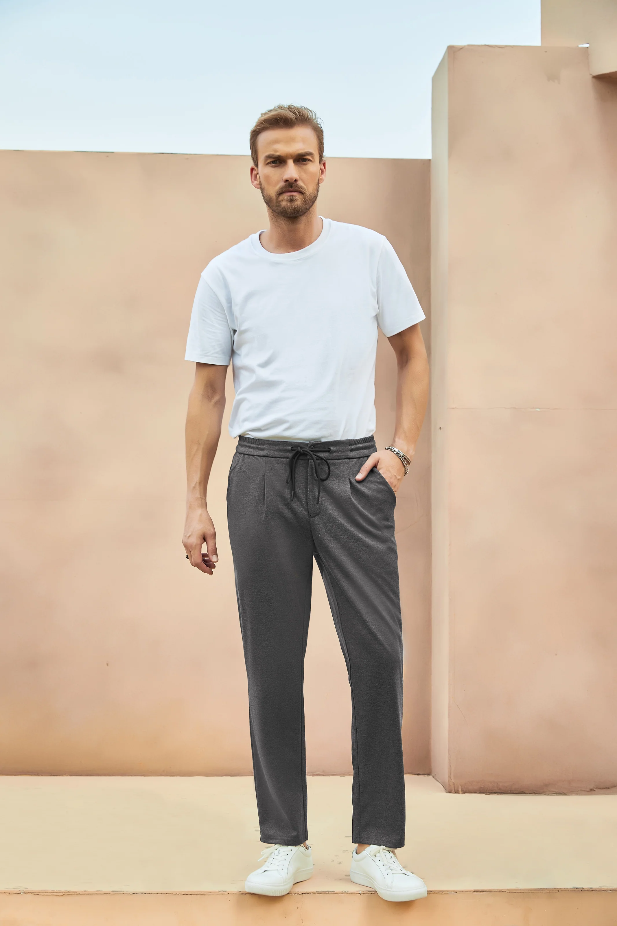 Mens Performance Stretch Knit Casual Pants Regular Fit Elastic Drawstring Waist Pant - Image 5