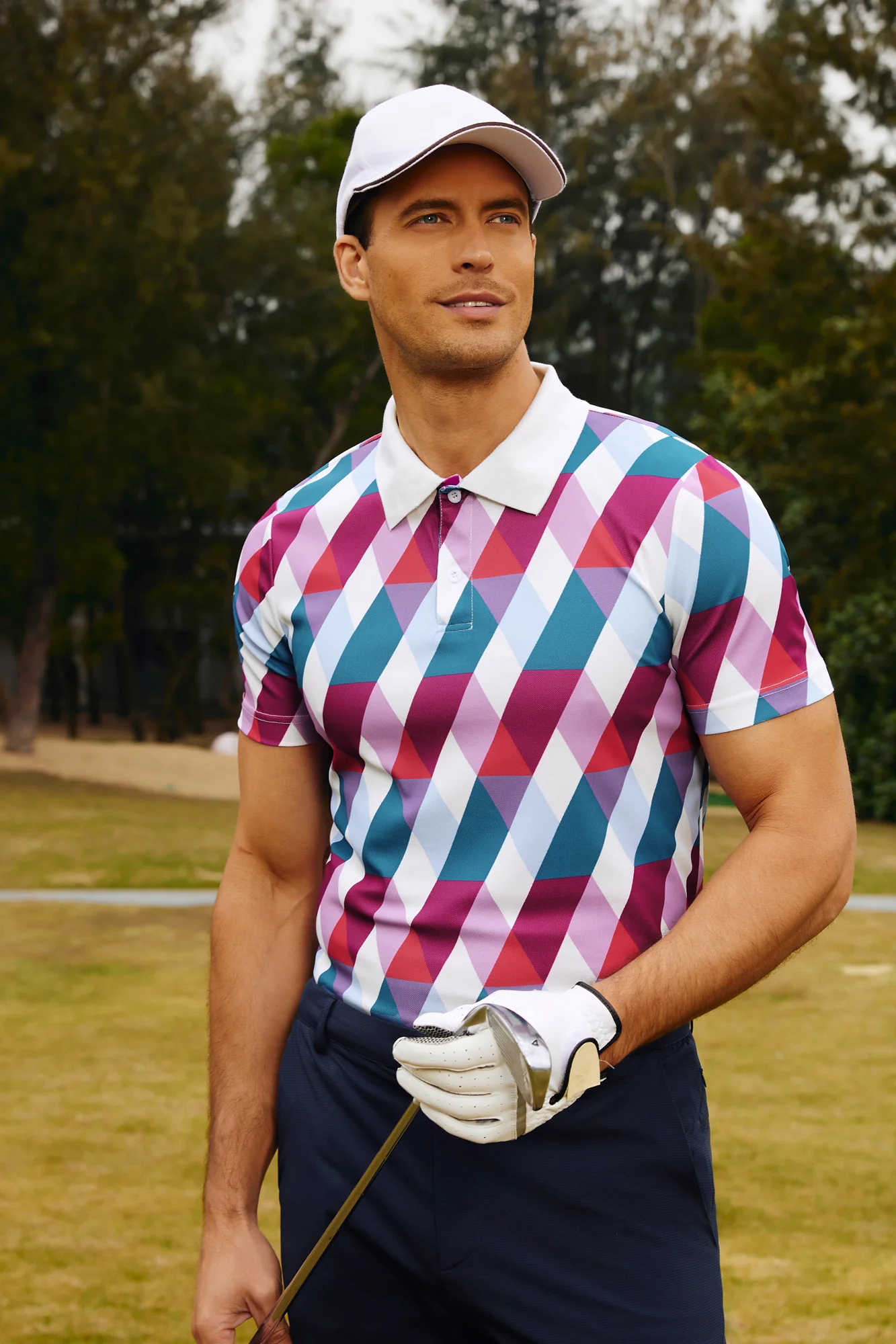 Men's Performance Golf Pullover Shirt Grid Argyle Short Sleeve Stretch Polo Shirt - Image 10