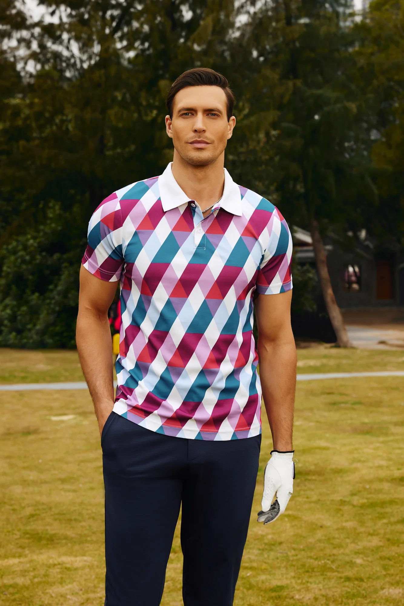 Men's Performance Golf Pullover Shirt Grid Argyle Short Sleeve Stretch Polo Shirt - Image 11
