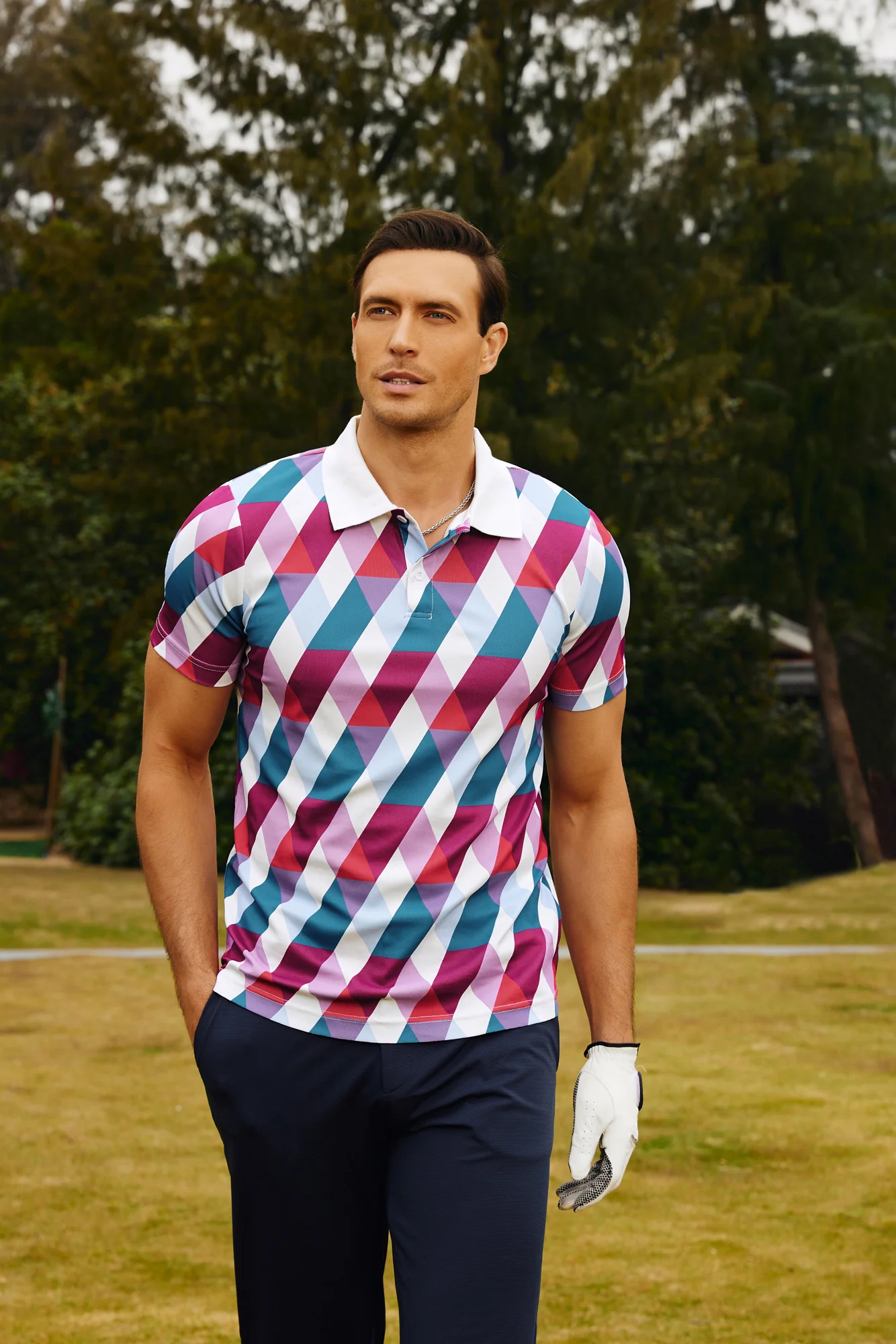 Men's Performance Golf Pullover Shirt Grid Argyle Short Sleeve Stretch Polo Shirt - Image 12