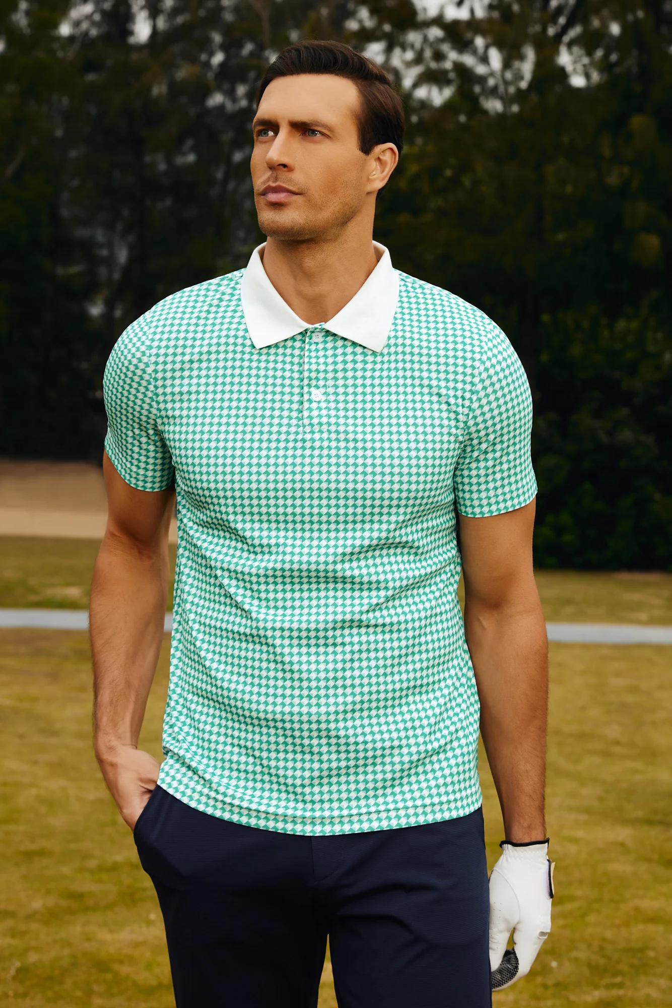 Men's Performance Golf Pullover Shirt Grid Argyle Short Sleeve Stretch Polo Shirt - Image 15