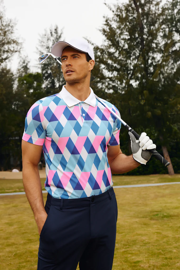 Men's Performance Golf Pullover Shirt Grid Argyle Short Sleeve Stretch Polo Shirt - Image 5