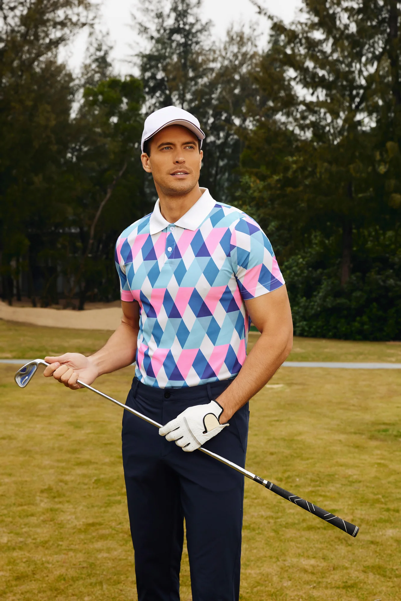 Men's Performance Golf Pullover Shirt Grid Argyle Short Sleeve Stretch Polo Shirt - Image 6
