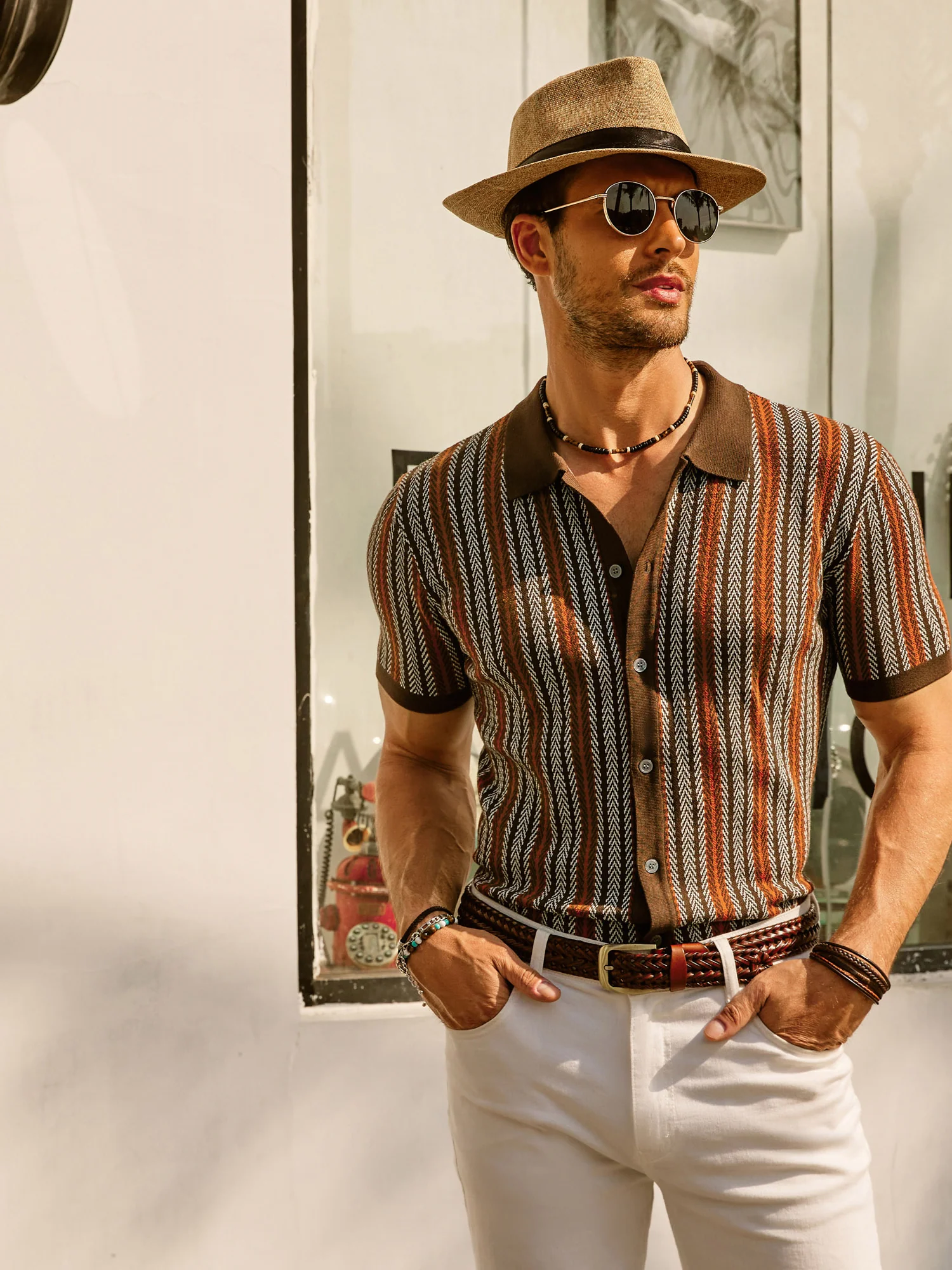 Men's Polo Shirts Retro Knit Shirt 70s Vintage Striped Cardigans Shirts Short Sleeve Button Down Clothing - Image 10