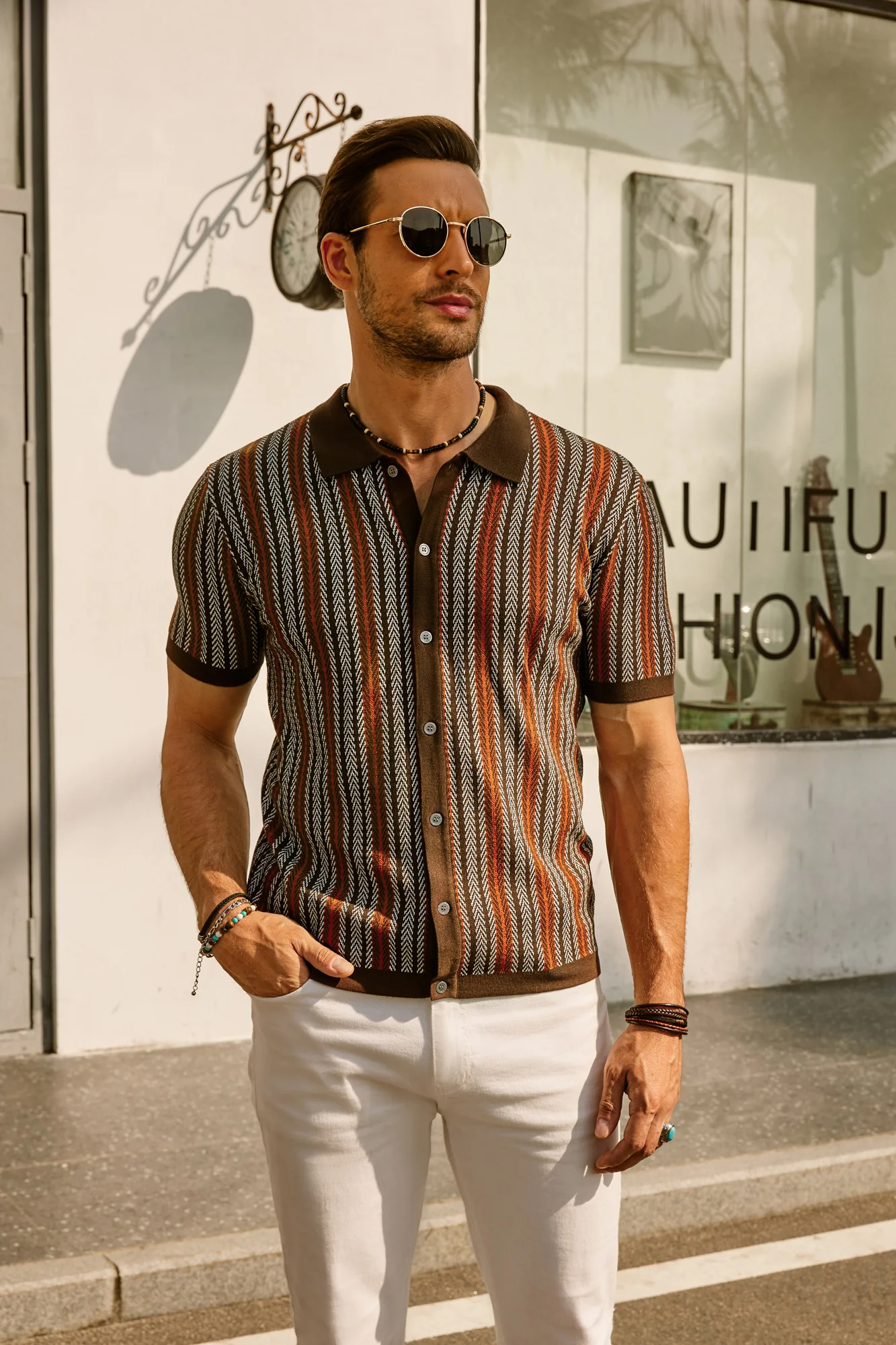 Men's Polo Shirts Retro Knit Shirt 70s Vintage Striped Cardigans Shirts Short Sleeve Button Down Clothing - Image 11