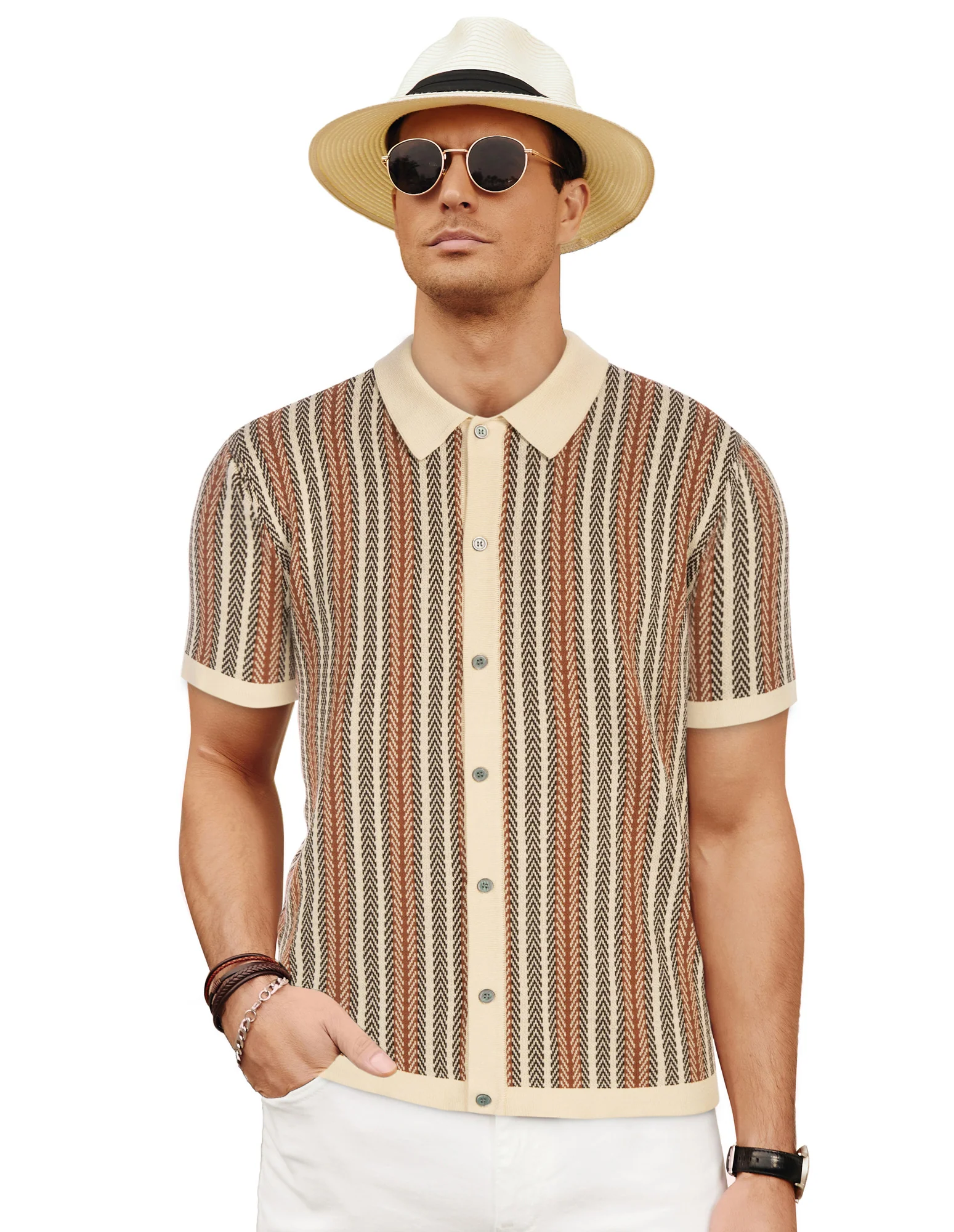 Men's Polo Shirts Retro Knit Shirt 70s Vintage Striped Cardigans Shirts Short Sleeve Button Down Clothing - Image 30