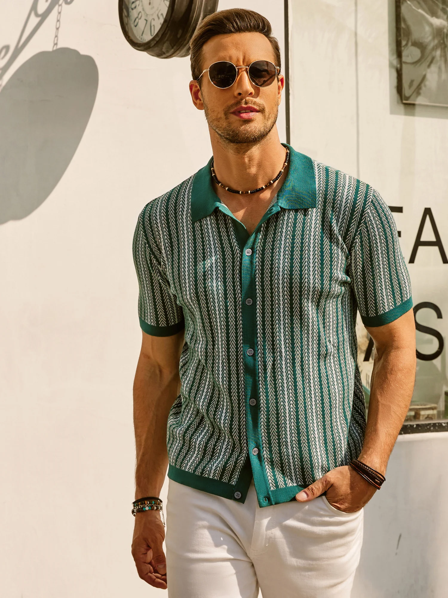 Men's Polo Shirts Retro Knit Shirt 70s Vintage Striped Cardigans Shirts Short Sleeve Button Down Clothing - Image 5