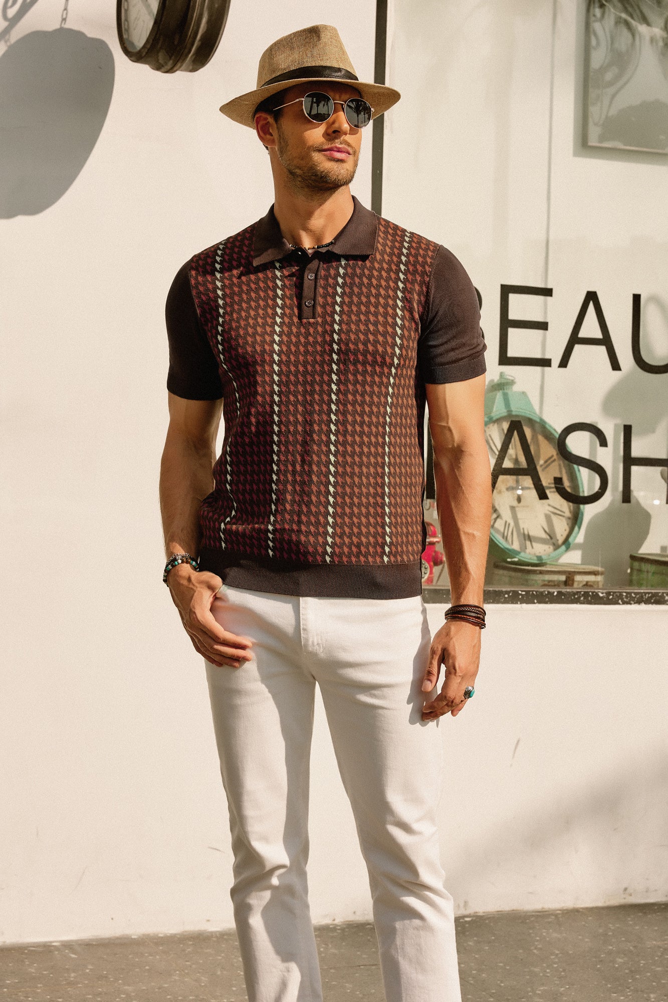 Men's Vintage Polo Shirts Lightweight Retro 70s Knit Houndstooth Golf Pullover Shirts - Image 10