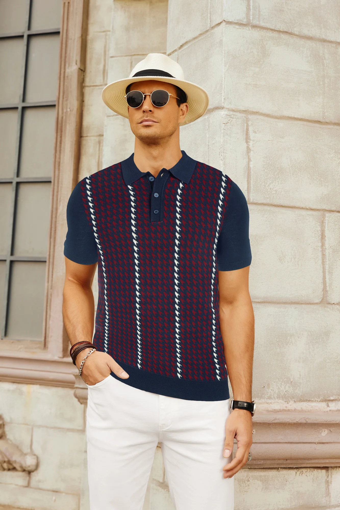 Men's Vintage Polo Shirts Lightweight Retro 70s Knit Houndstooth Golf Pullover Shirts - Image 19