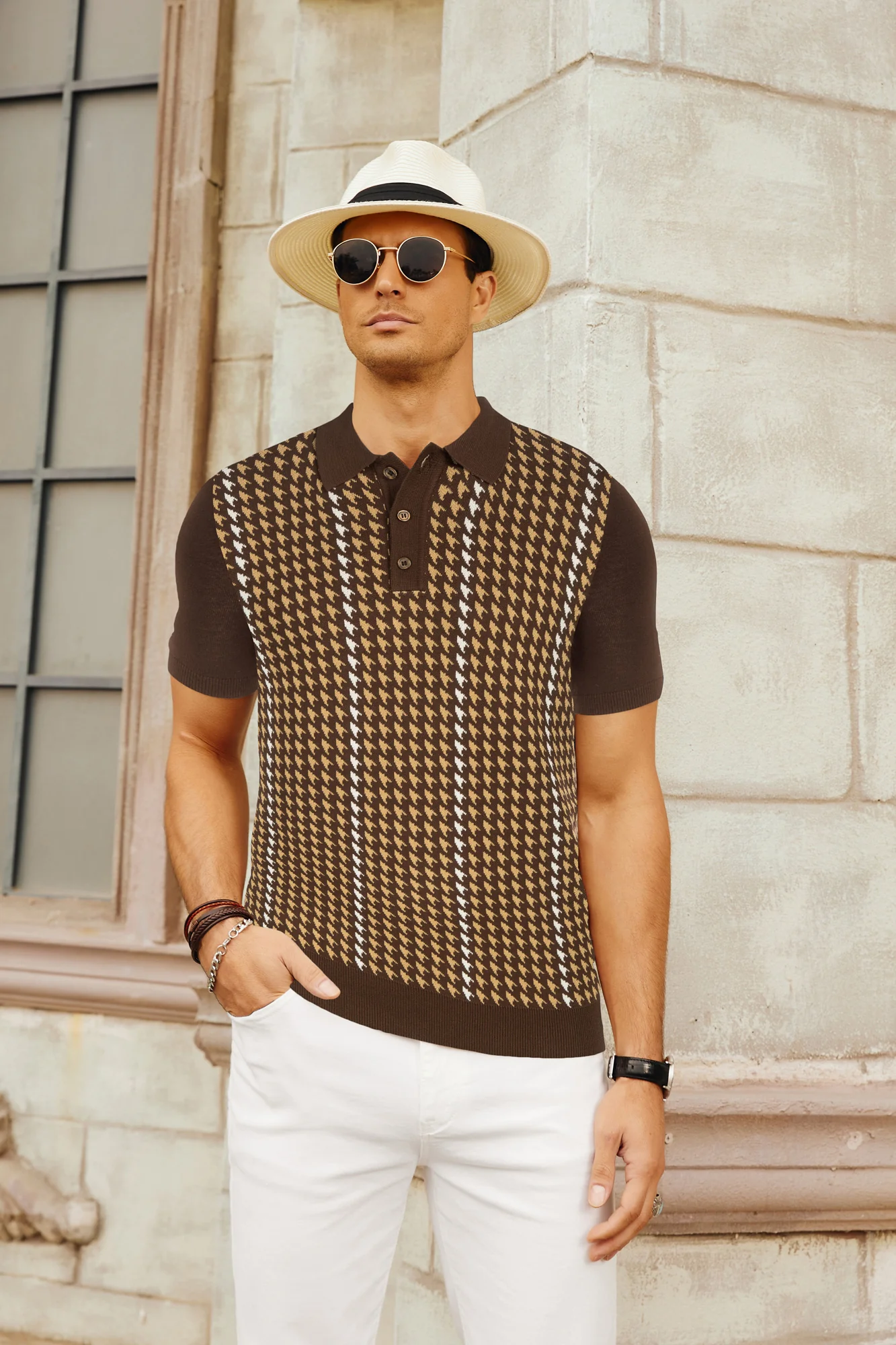 Men's Vintage Polo Shirts Lightweight Retro 70s Knit Houndstooth Golf Pullover Shirts - Image 26