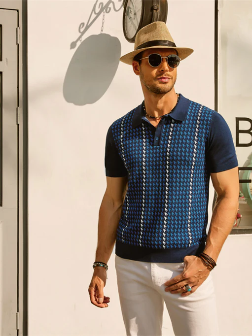 Men's Vintage Polo Shirts Lightweight Retro 70s Knit Houndstooth Golf Pullover Shirts - Image 5