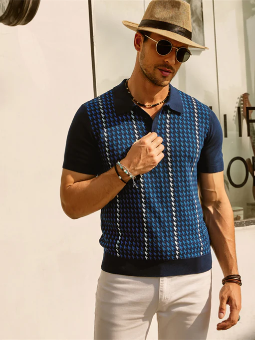 Men's Vintage Polo Shirts Lightweight Retro 70s Knit Houndstooth Golf Pullover Shirts - Image 6